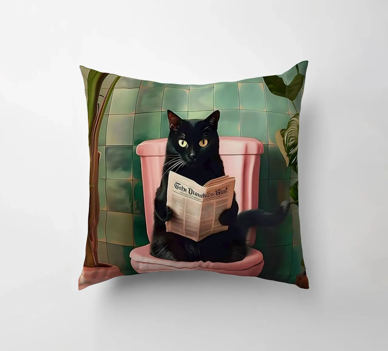Black Cat reading newspaper decorative cushion by Betty Shops