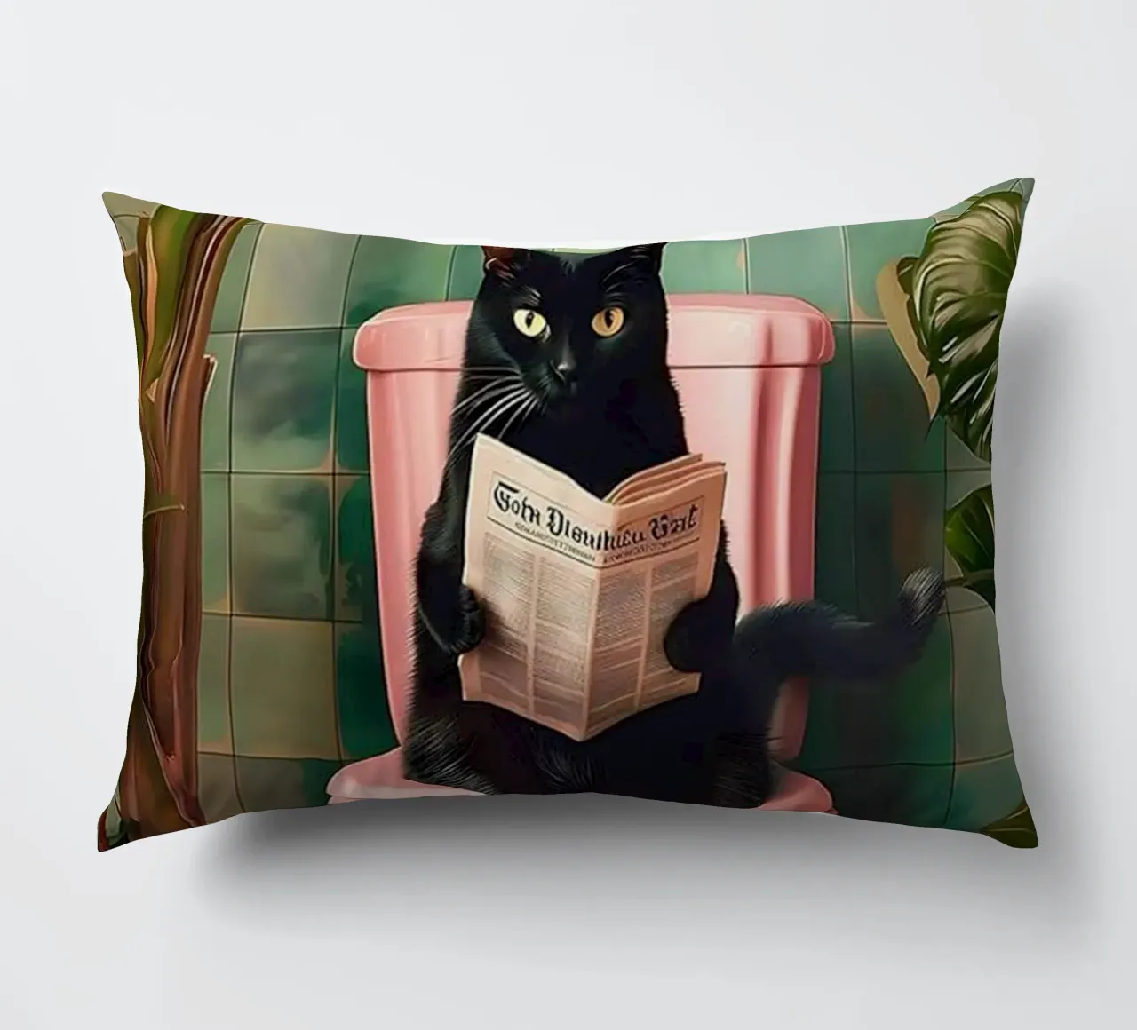 Black Cat reading newspaper decorative cushion by Betty Shops
