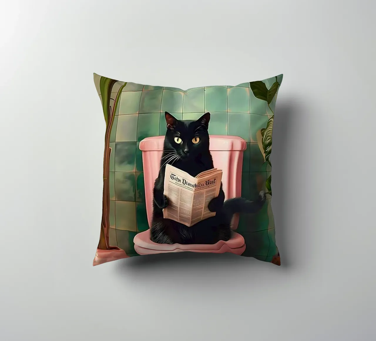 Black Cat reading newspaper decorative cushion by Betty Shops