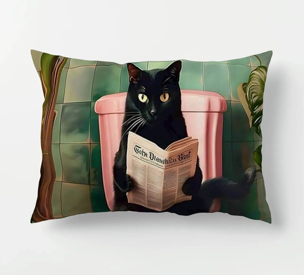Black Cat reading newspaper decorative cushion by Betty Shops