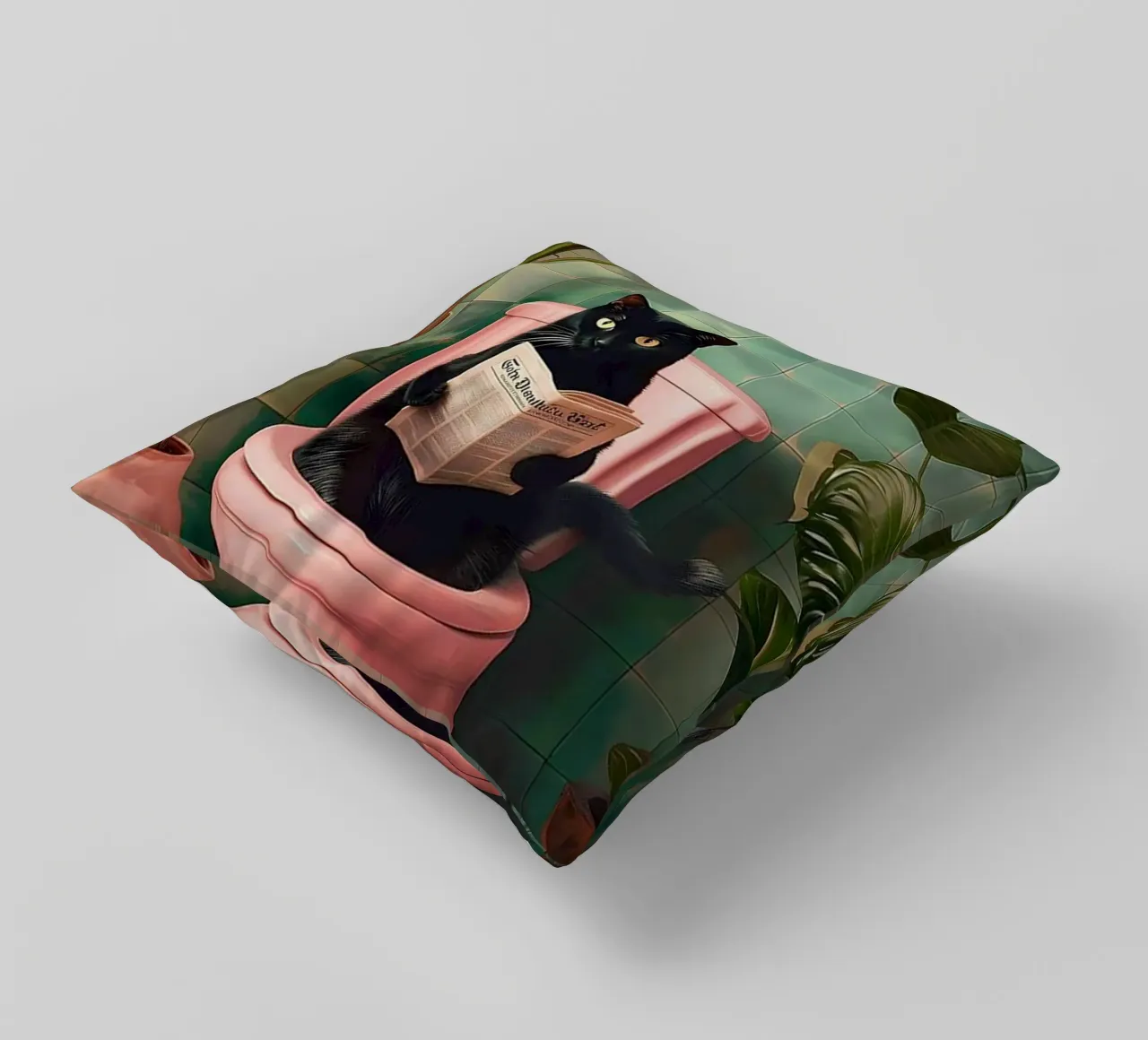 Black Cat reading newspaper decorative cushion by Betty Shops