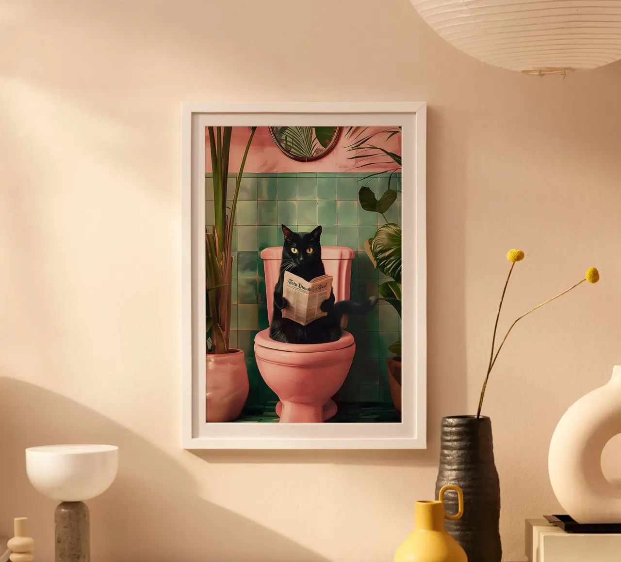 Black Cat reading newspaper poster with aluminum frame by Betty Shops