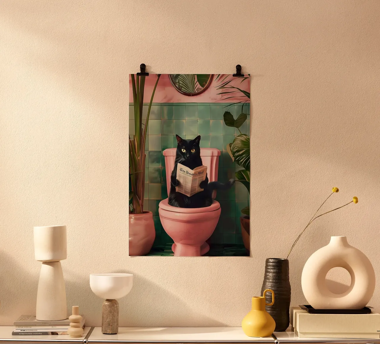 Black Cat reading newspaper poster with aluminum frame by Betty Shops