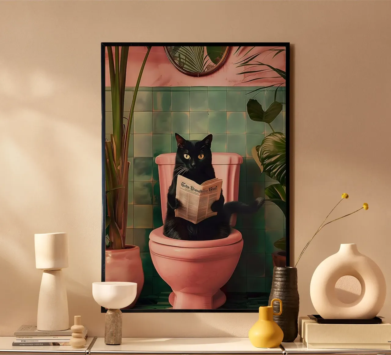 Black Cat reading newspaper poster with aluminum frame by Betty Shops