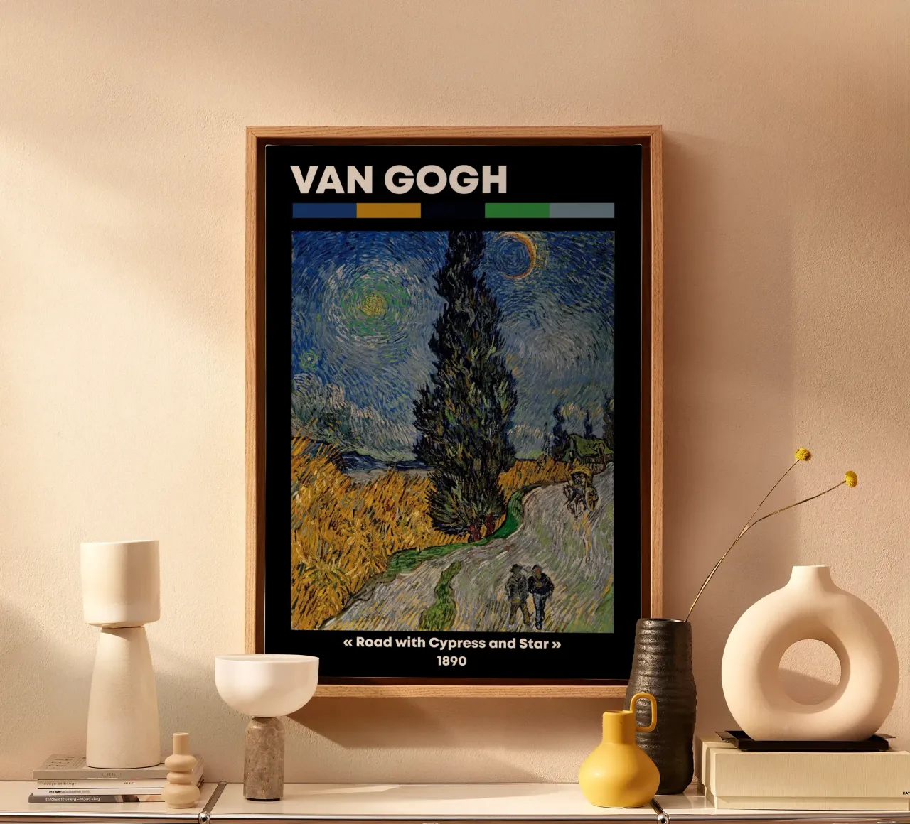 Strada di Van Gogh con cipresso e stella - Notte post-impressionista tela con Cornice a cassetta da NorwesClub