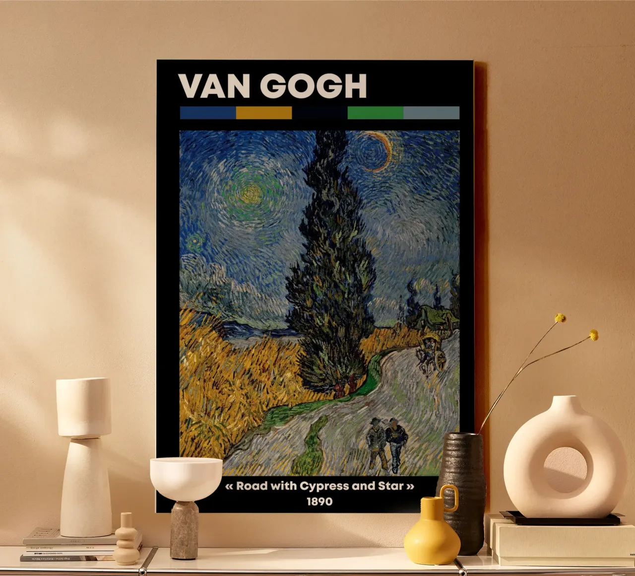 Strada di Van Gogh con cipresso e stella - Notte post-impressionista tela con Cornice a cassetta da NorwesClub