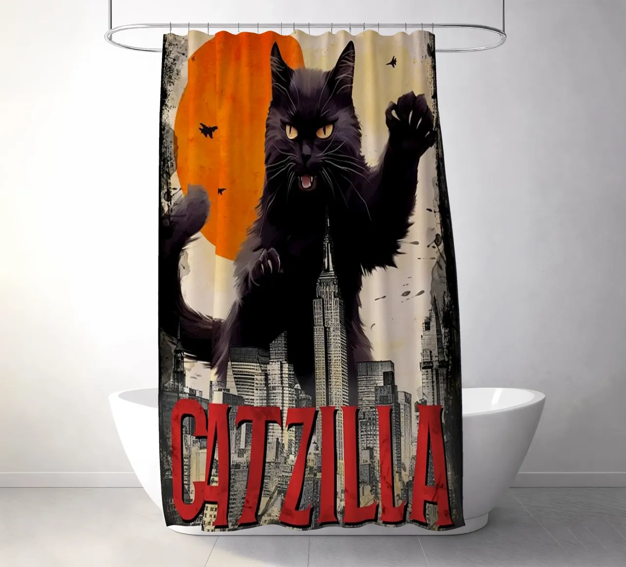 The Catzilla shower curtain by Betty Shops