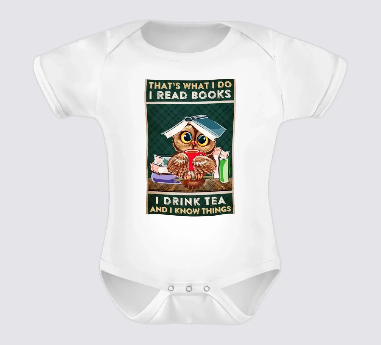 Eule Ich lese Bücher Ich trinke Tee und ich weiß Dinge Kurzarm Babybody von Aaronshop