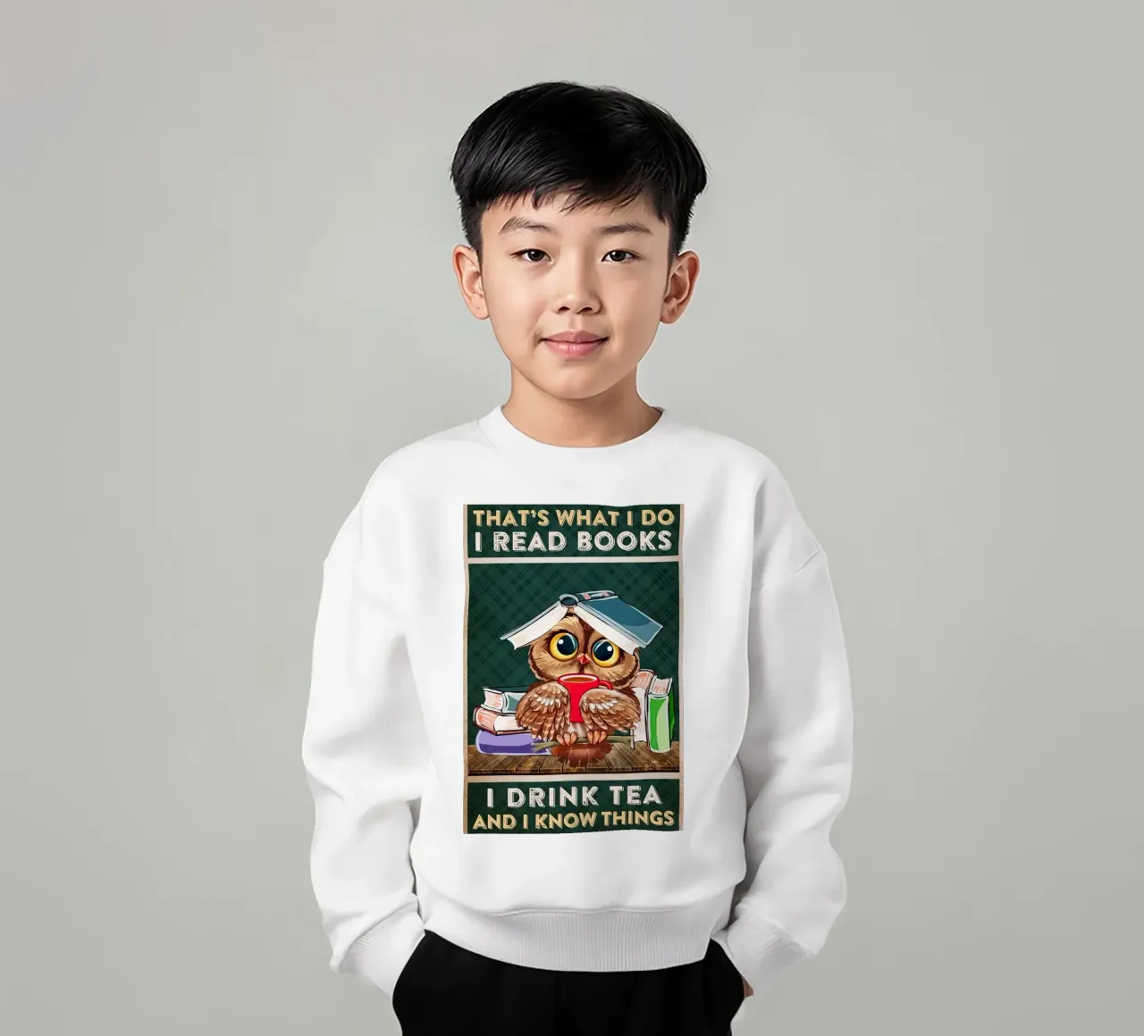 Búho Leo libros Bebo té y sé cosas sudadera para niño de Aaronshop
