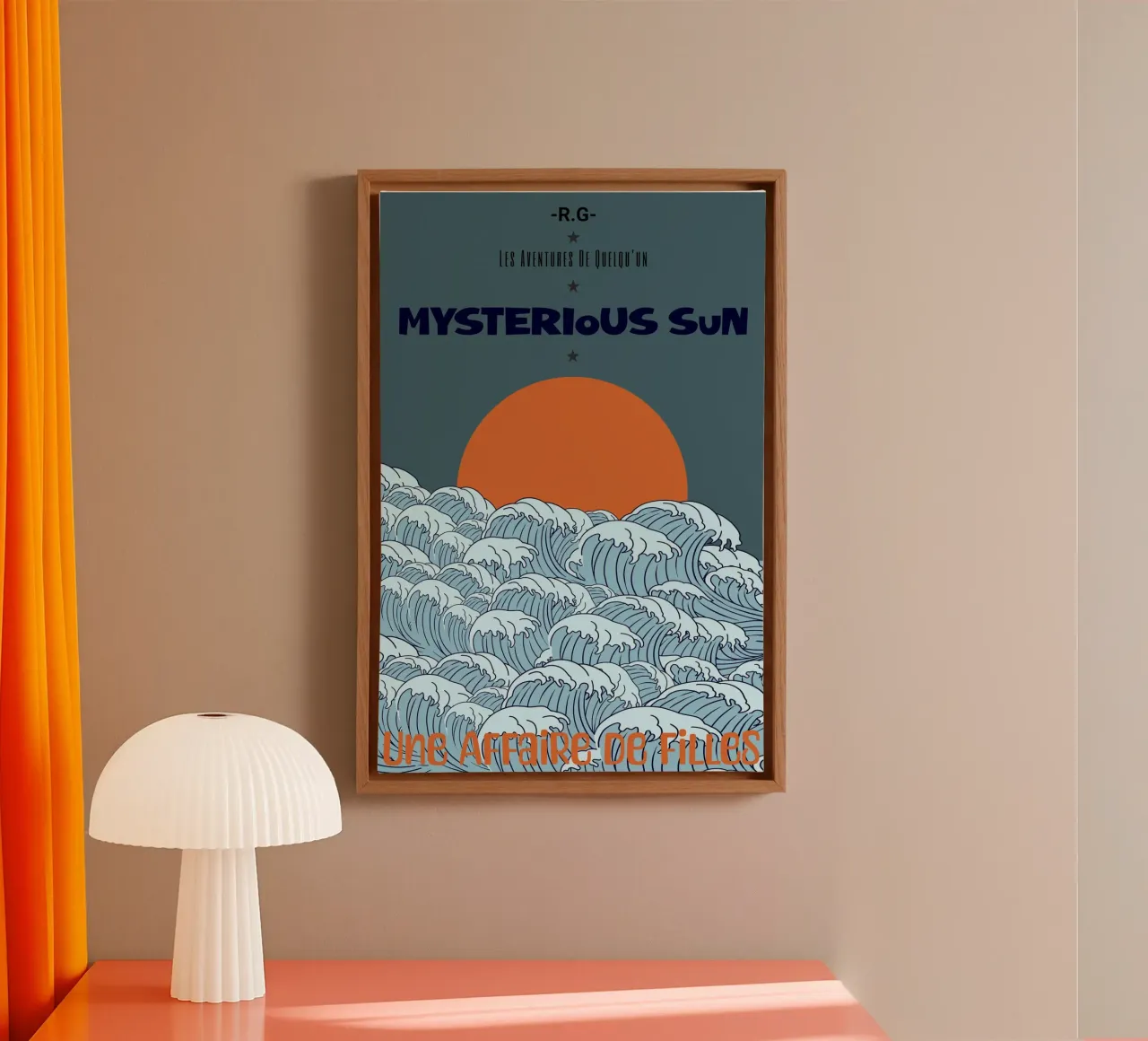 Mysterious Sun Waves | Retro Ocean Poster Art tela con Cornice a cassetta da Une Affaire de Filles