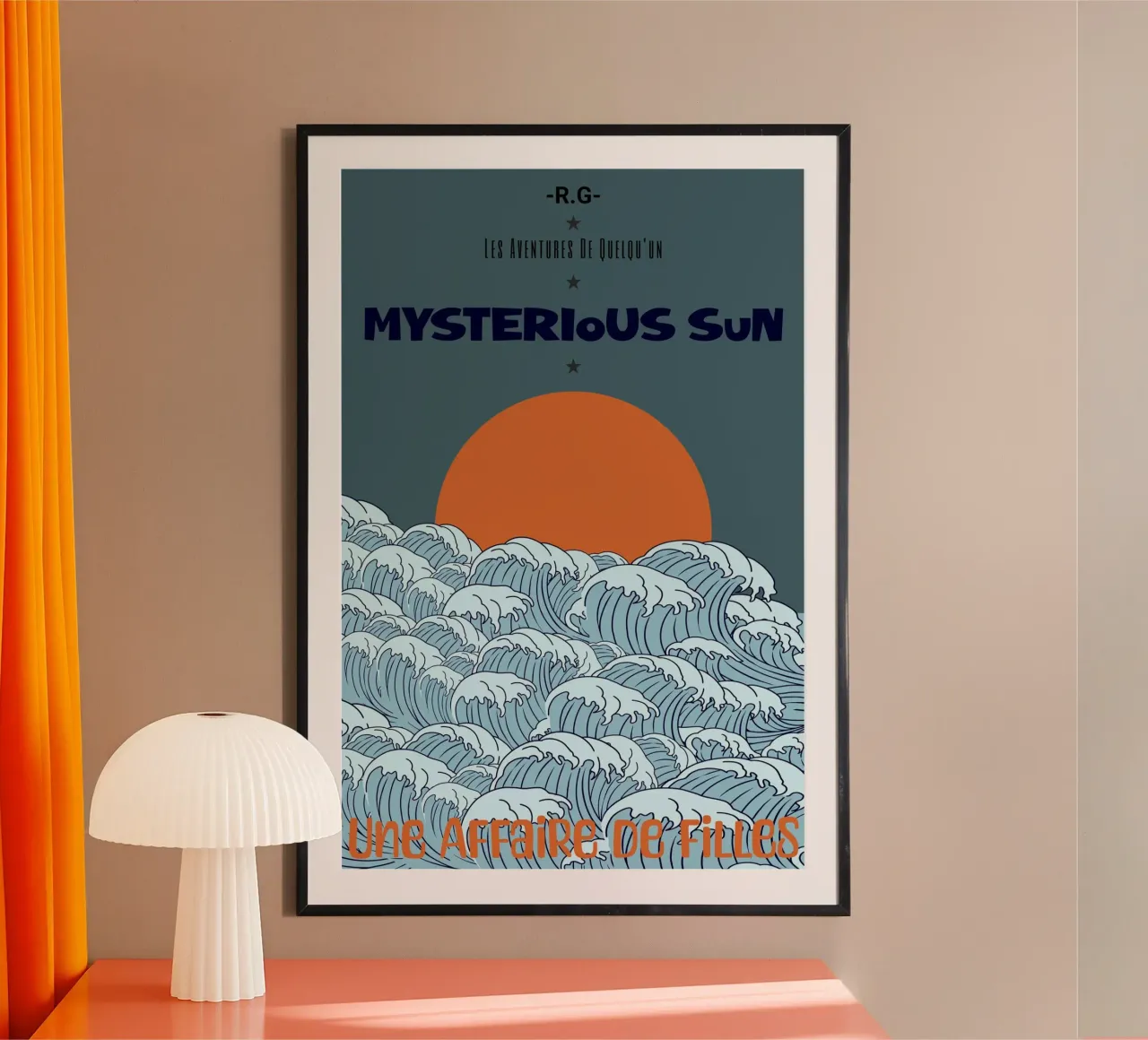 Mysterious Sun Waves | Retro Ocean Poster Art poster con telaio in alluminio da Une Affaire de Filles