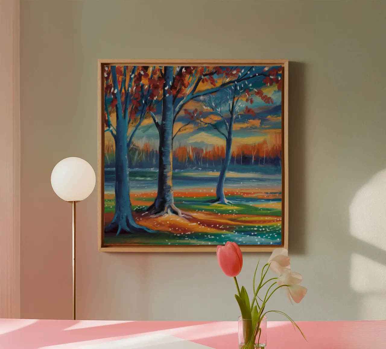 Sunset Rhythm Trees canvas with Floater frame by Solestice Strokes
