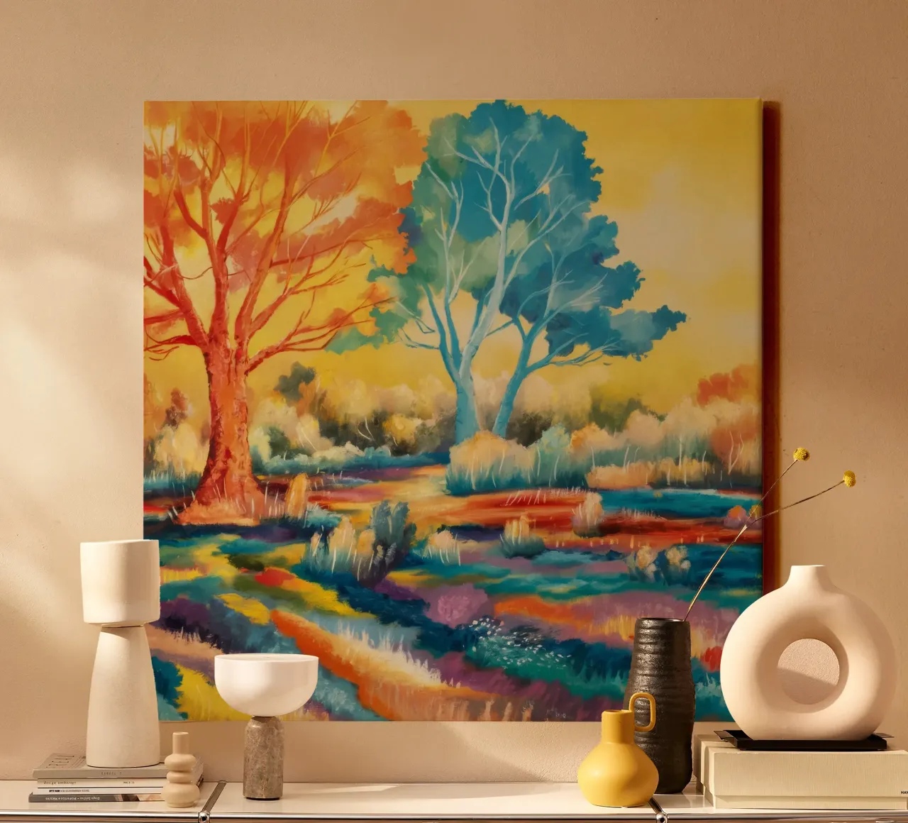 Kleuren Symfonie Velden canvas met Baklijst van Solestice Strokes