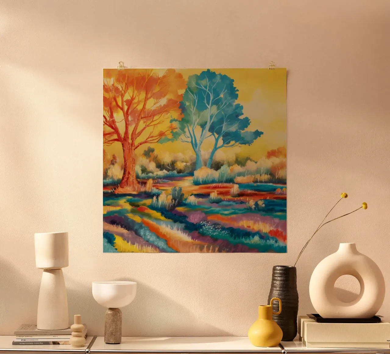 Campi di sinfonia di colori poster con telaio in legno da Solestice Strokes