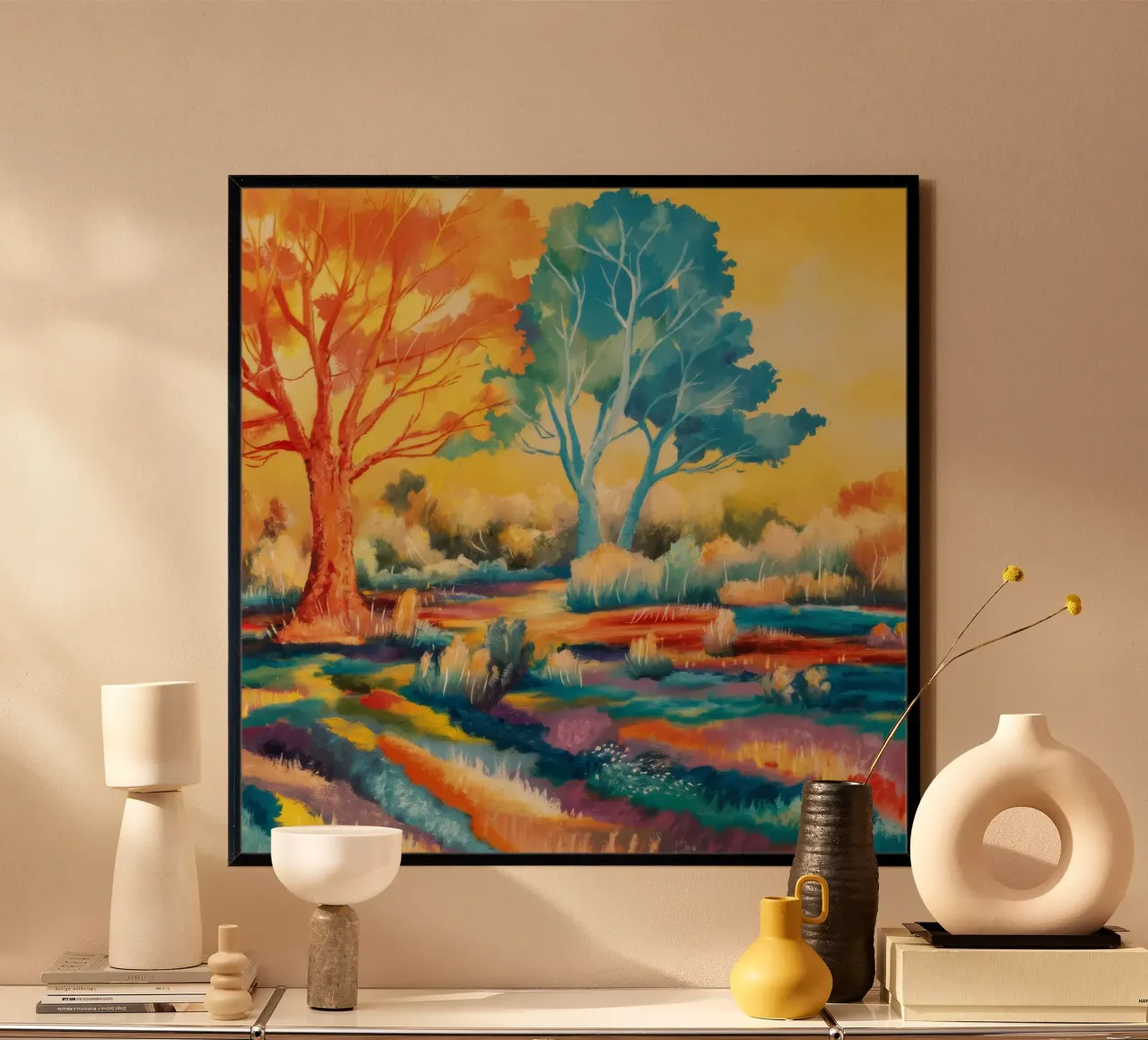 Campi di sinfonia di colori poster con telaio in legno da Solestice Strokes