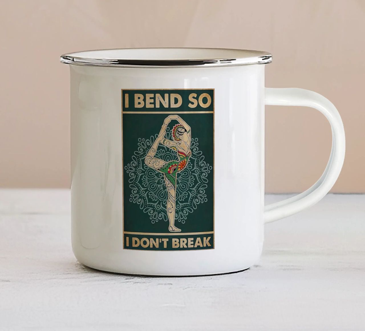 Retro Teal I Bend So I Don T Break Yoga Vertical enamel mug by Aaronshop