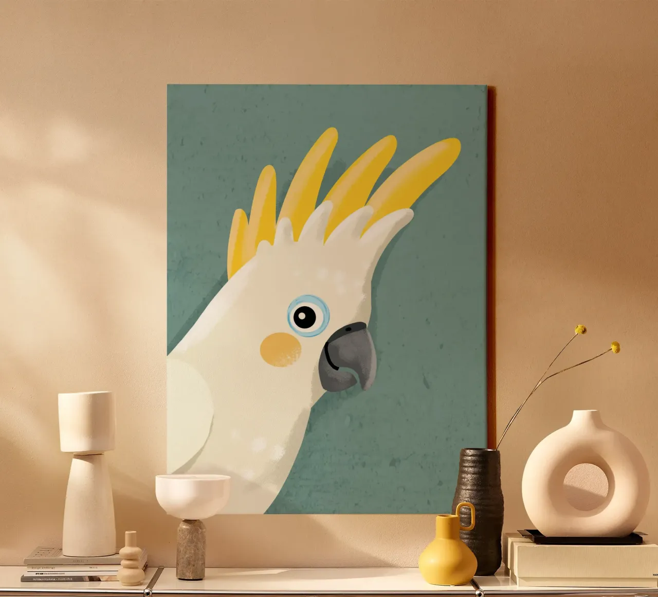 Wees gewoon jezelf, kaketoe 1 canvas met Baklijst van Julia Reyelt