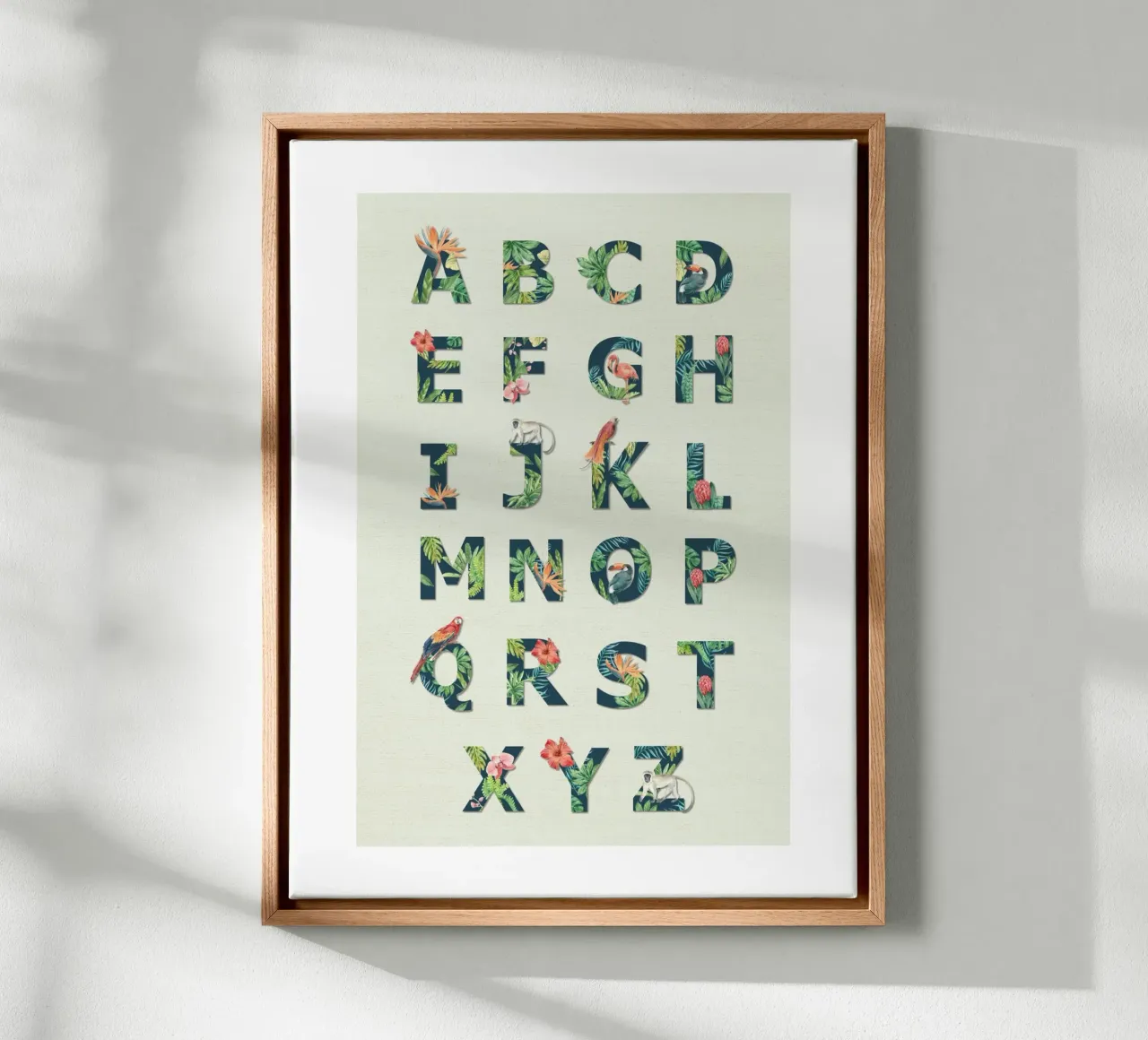 Jungle Alphabet – Tropical Botanical A to Z Wall Art for Kid canvas with Floater frame by Sprouts & Sparks