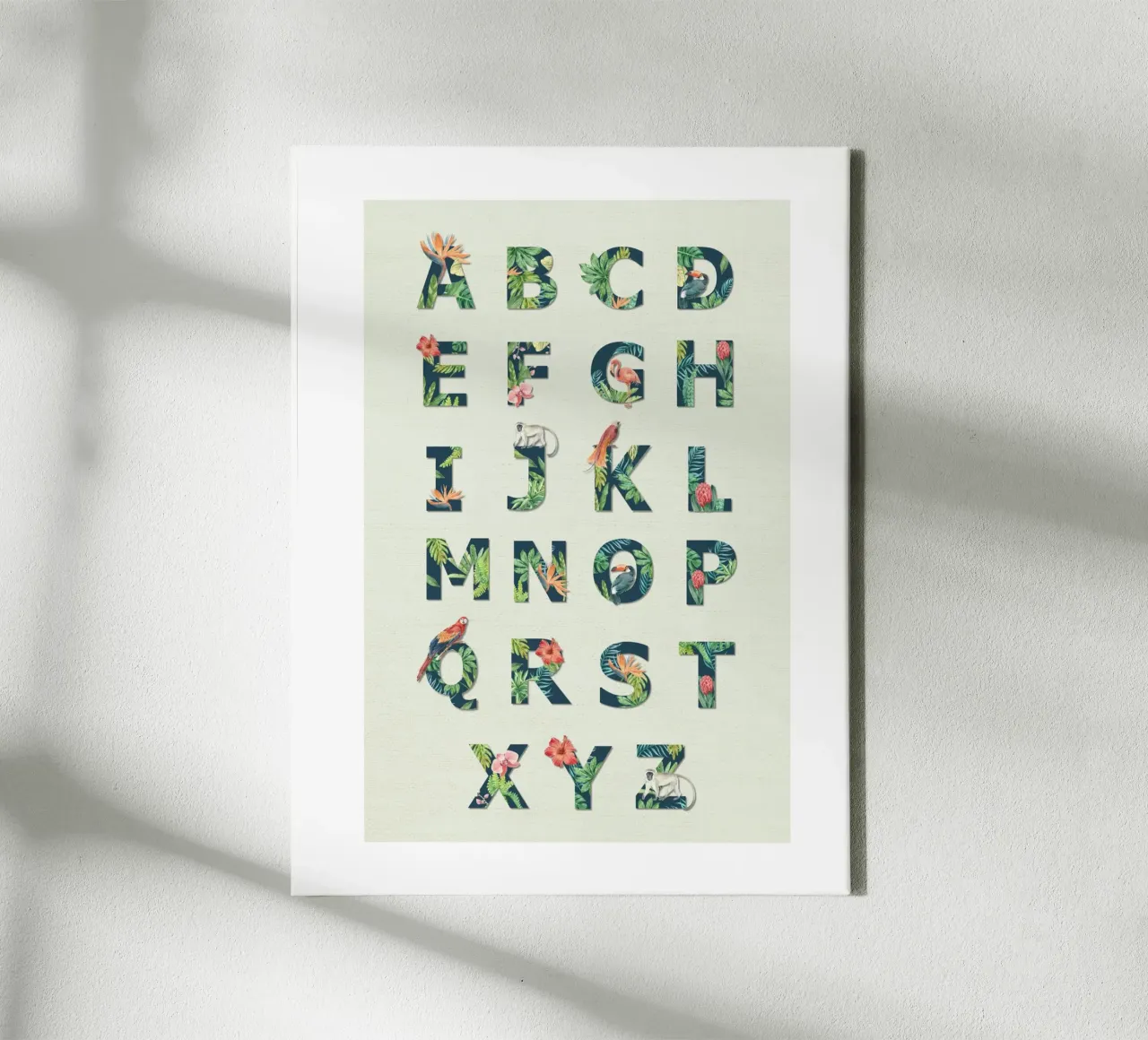 Jungle Alphabet – Tropical Botanical A to Z Wall Art for Kid canvas with Floater frame by Sprouts & Sparks