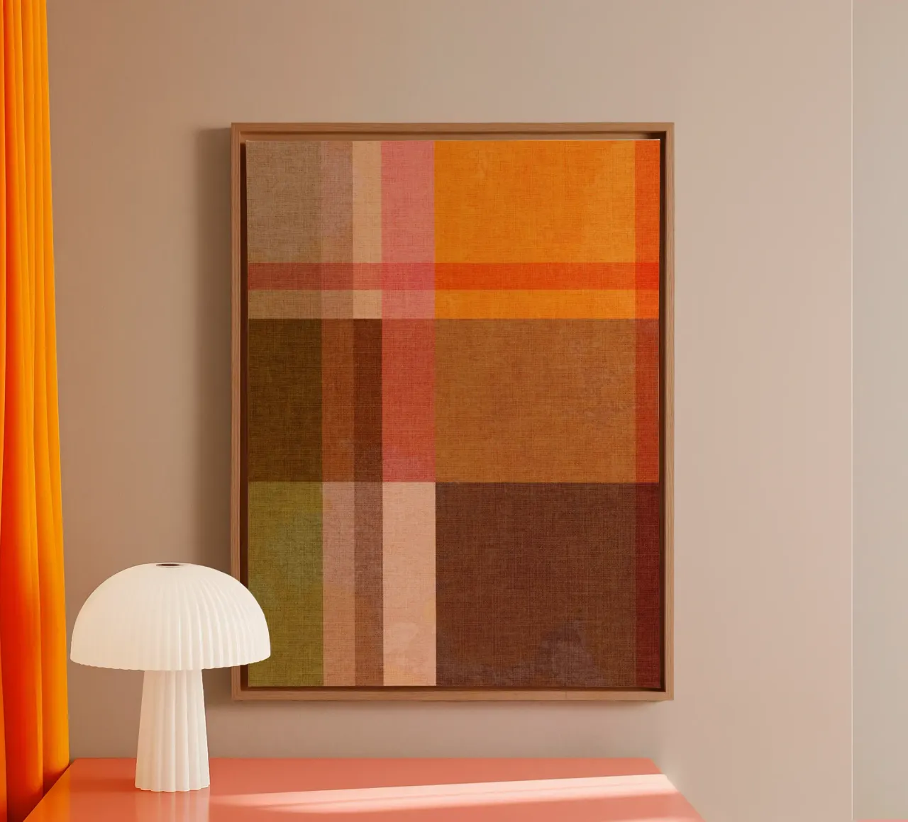 Accogliente Heritage Bauhaus Plaid 1/2 terra arancio blu verde tela con Cornice a cassetta da Dominique Vari Abstract