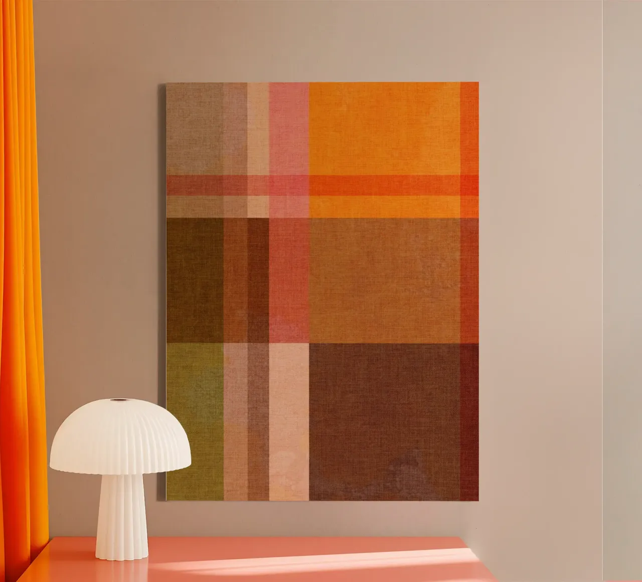 Accogliente Heritage Bauhaus Plaid 1/2 terra arancio blu verde tela con Cornice a cassetta da Dominique Vari Abstract