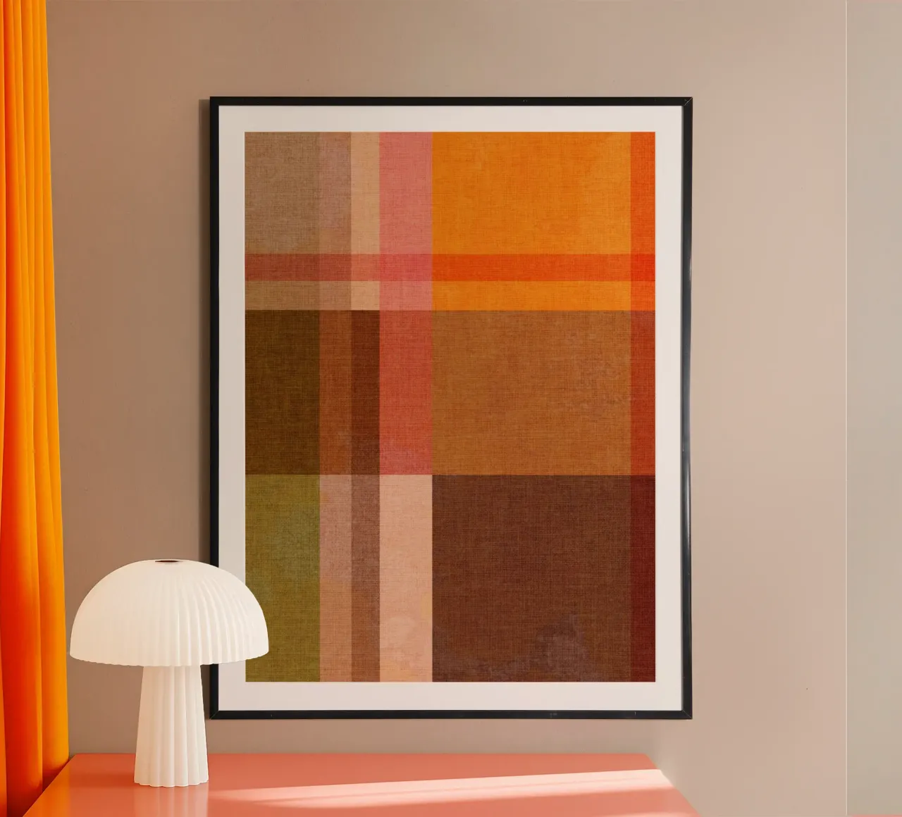 Accogliente Heritage Bauhaus Plaid 1/2 terra arancio blu verde poster con telaio in plastica da Dominique Vari Abstract