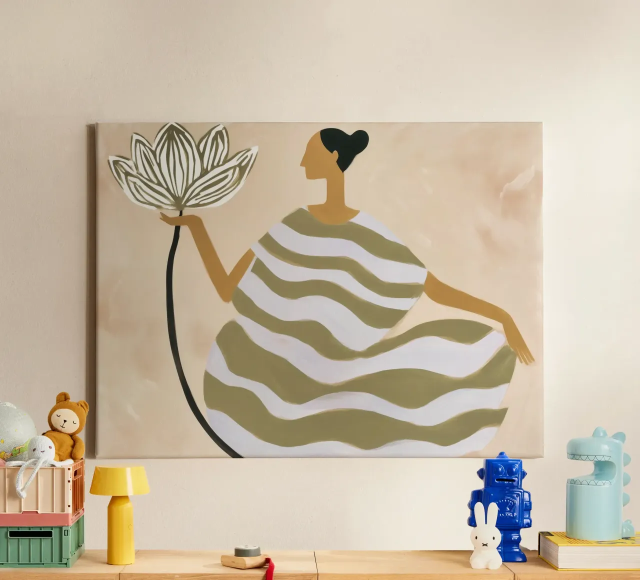 Vrouw met lotusbloem in de populaire gestreepte look canvas met Baklijst van Autofocus