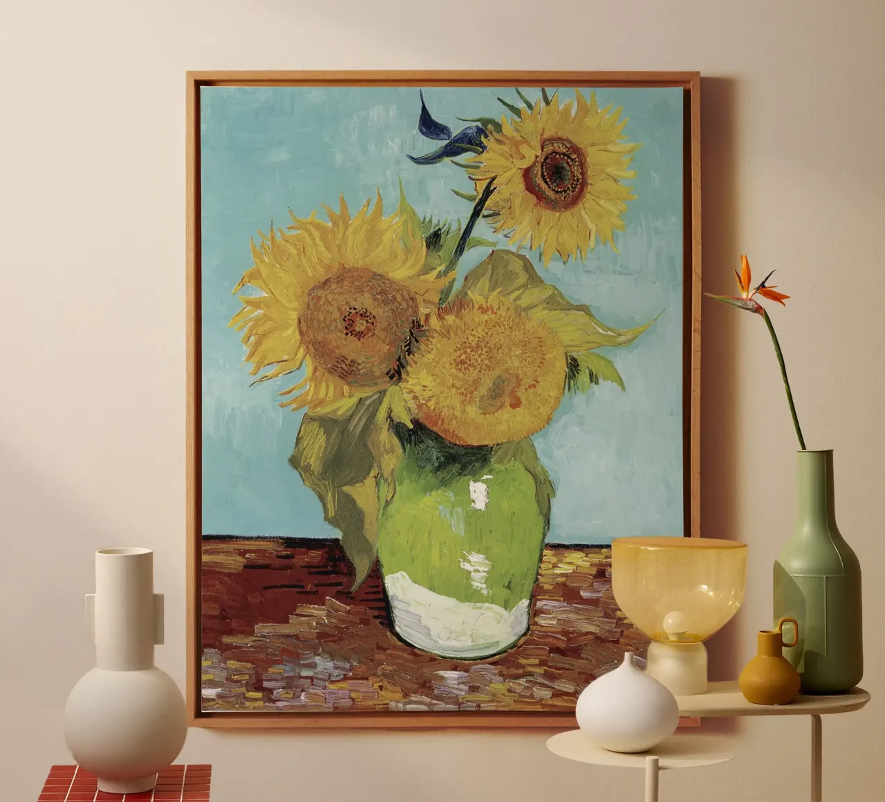 Van Gogh: Drie Zonnebloemen - Post-Impressionisme, Levendig, Fl canvas met Baklijst van NorwesClub