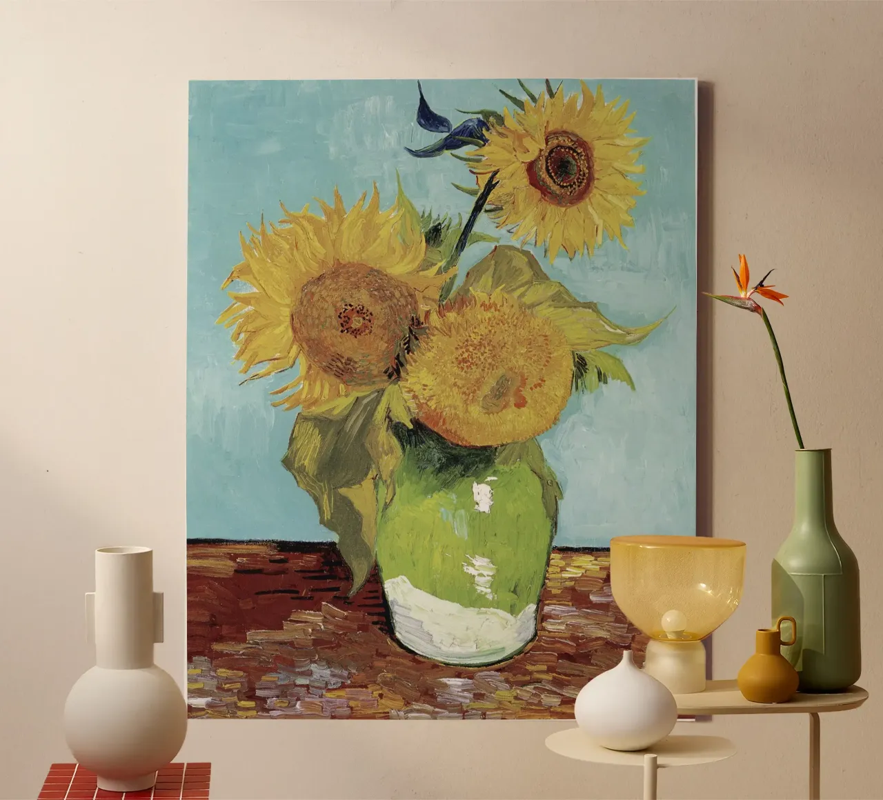 Van Gogh: Drie Zonnebloemen - Post-Impressionisme, Levendig, Fl canvas met Baklijst van NorwesClub