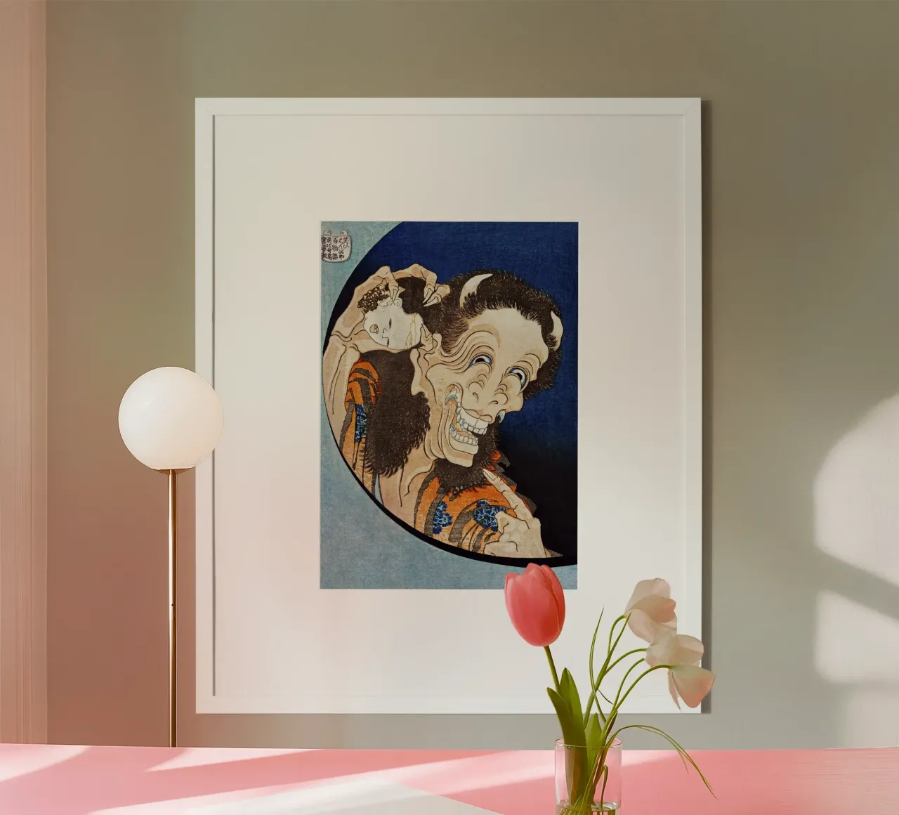 Hokusai: Laughing Demoness - Ukiyo-e, Edo Art, Folklore, Mac poster con telaio in legno da NorwesClub