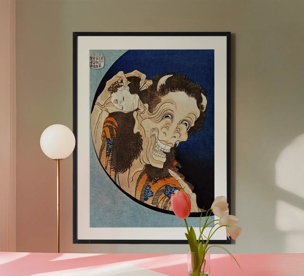 Hokusai: Laughing Demoness - Ukiyo-e, Edo Art, Folklore, Mac poster con telaio in legno da NorwesClub