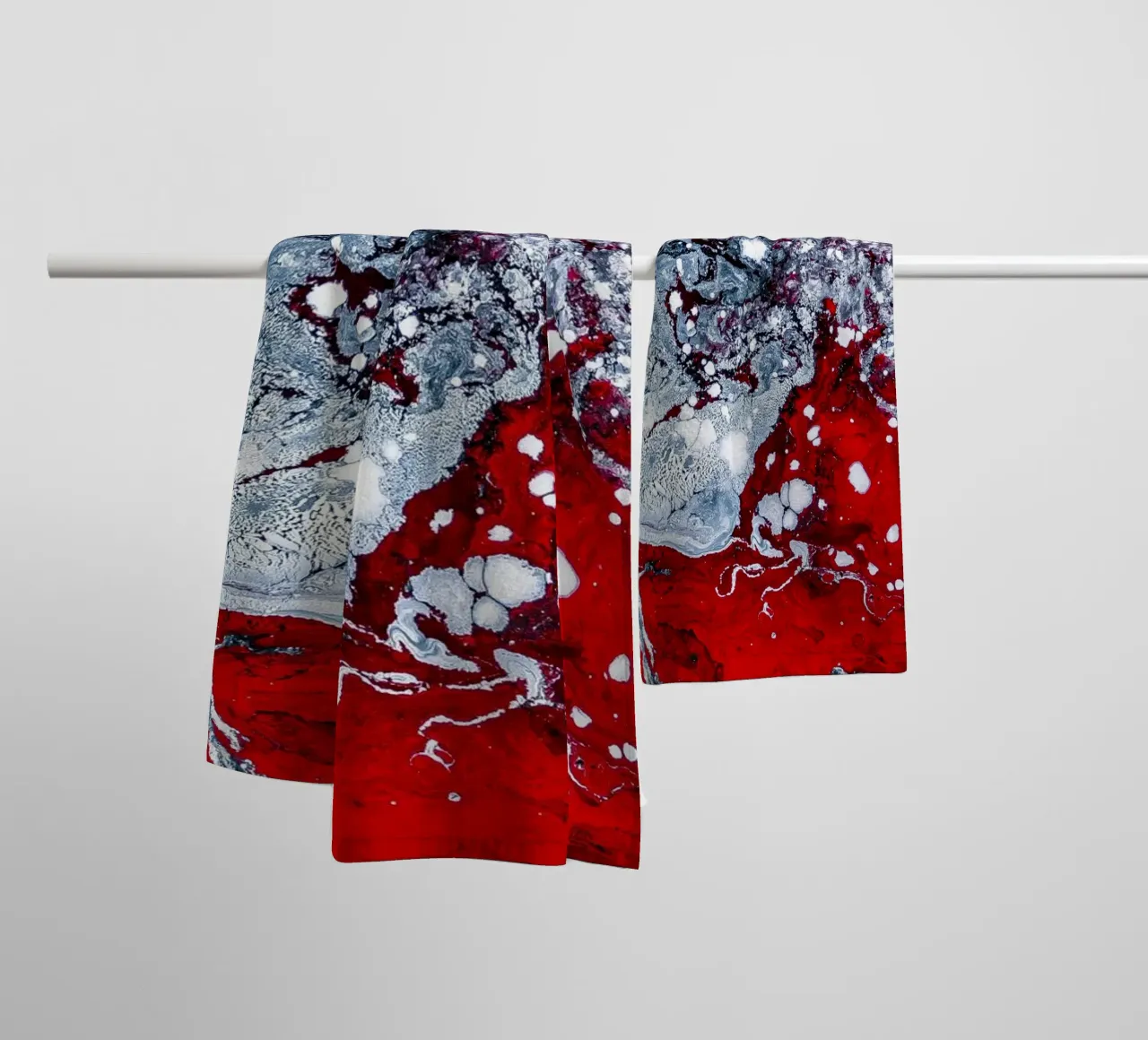 Abstract Flow: Bold Red & White Acrylic Pour Canvas Art towel by NorwesClub