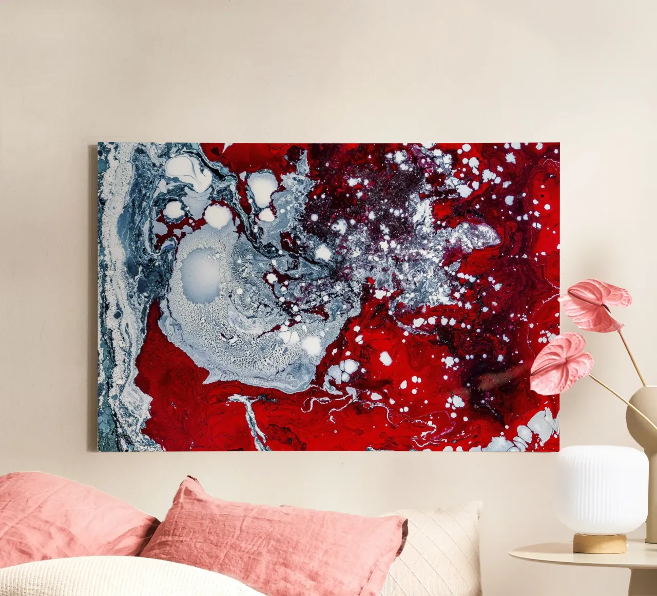 Abstract Flow: Bold Red & White Acrylic Pour Canvas Art canvas by NorwesClub