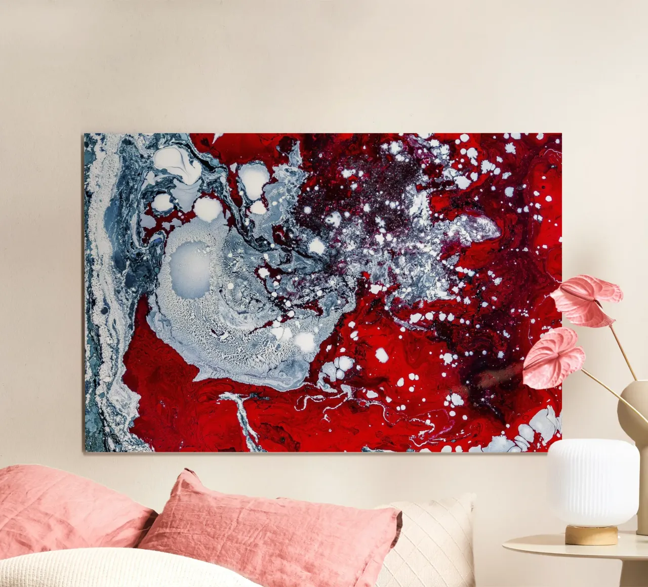 Abstracte Stroom: Vet Rood & Wit Acryl Gegoten Canvas Kunst hahnemühle van NorwesClub