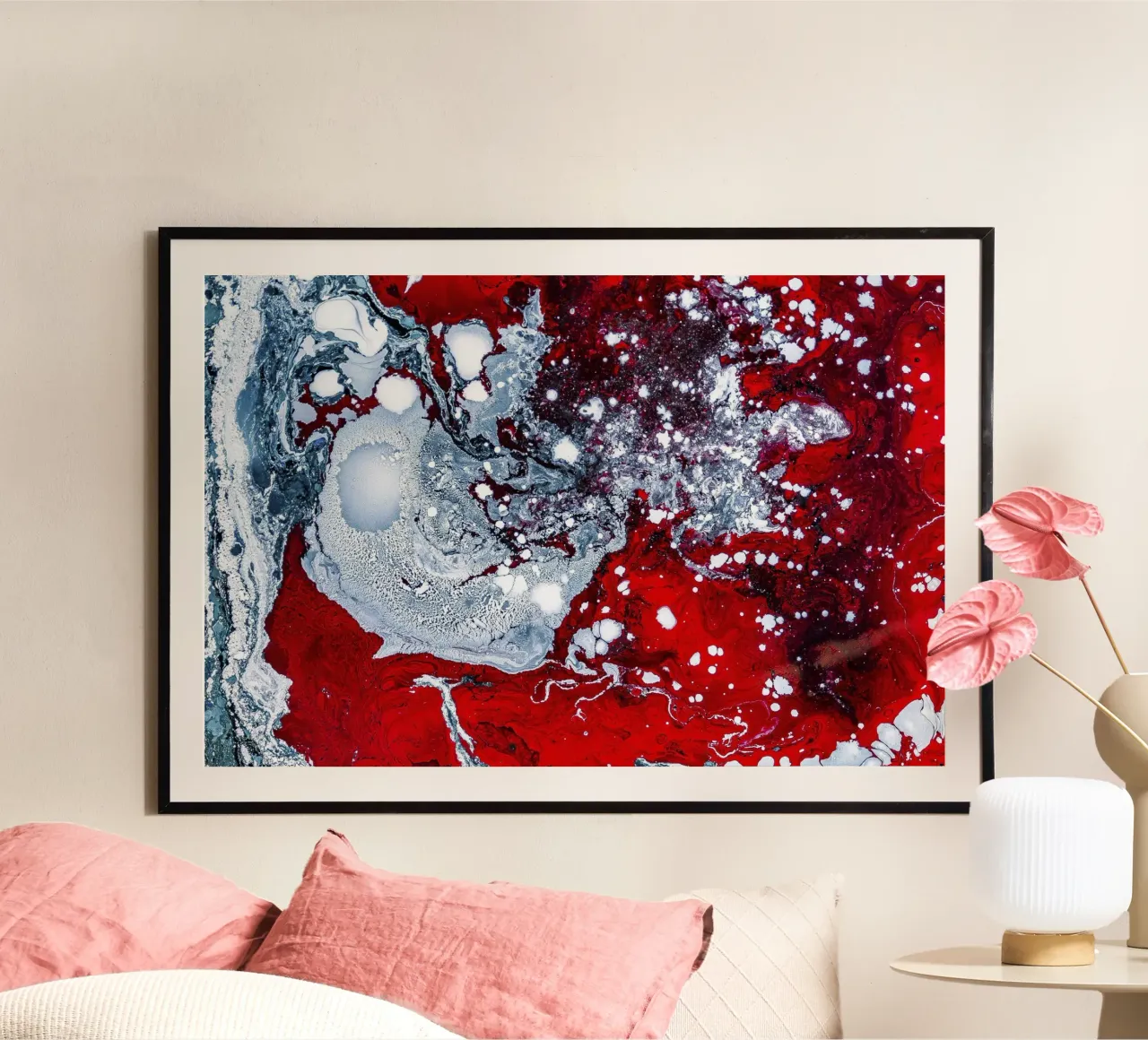 Abstracte Stroom: Vet Rood & Wit Acryl Gegoten Canvas Kunst hahnemühle van NorwesClub
