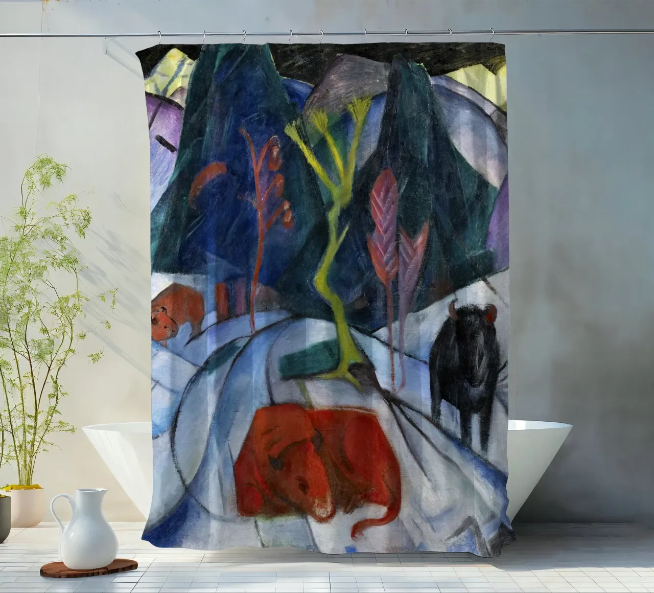 Franz Marc: Mystical Winter Bison - Expressionism Art Print, shower curtain by NorwesClub