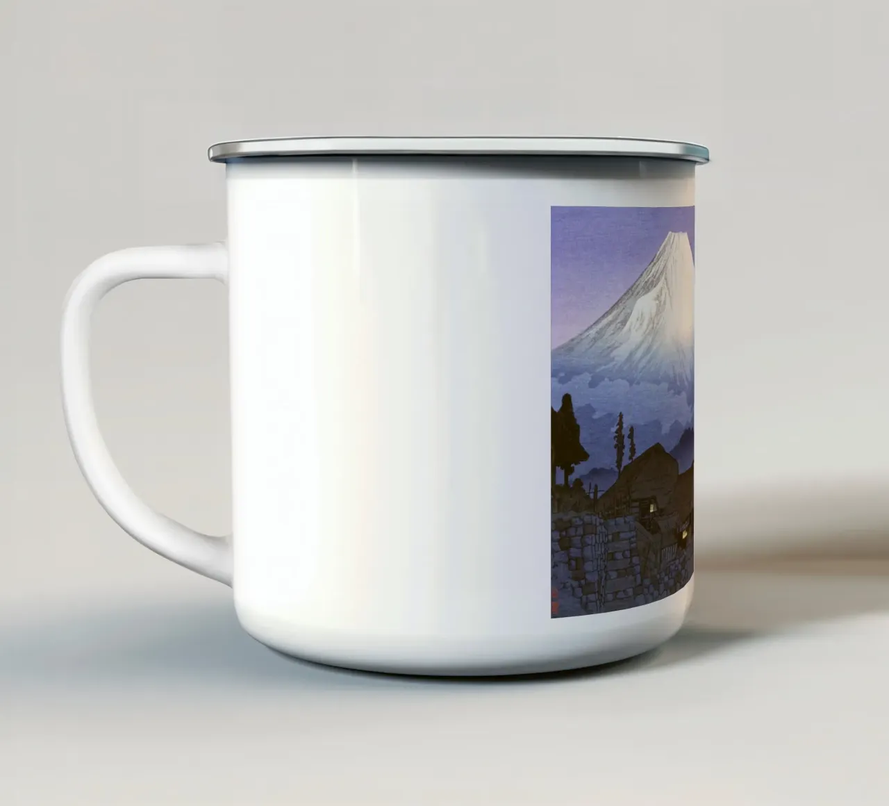 Tramonto sul Fuji ispirato a Hokusai: Stampa su legno giapponese tazza in smalto da NorwesClub