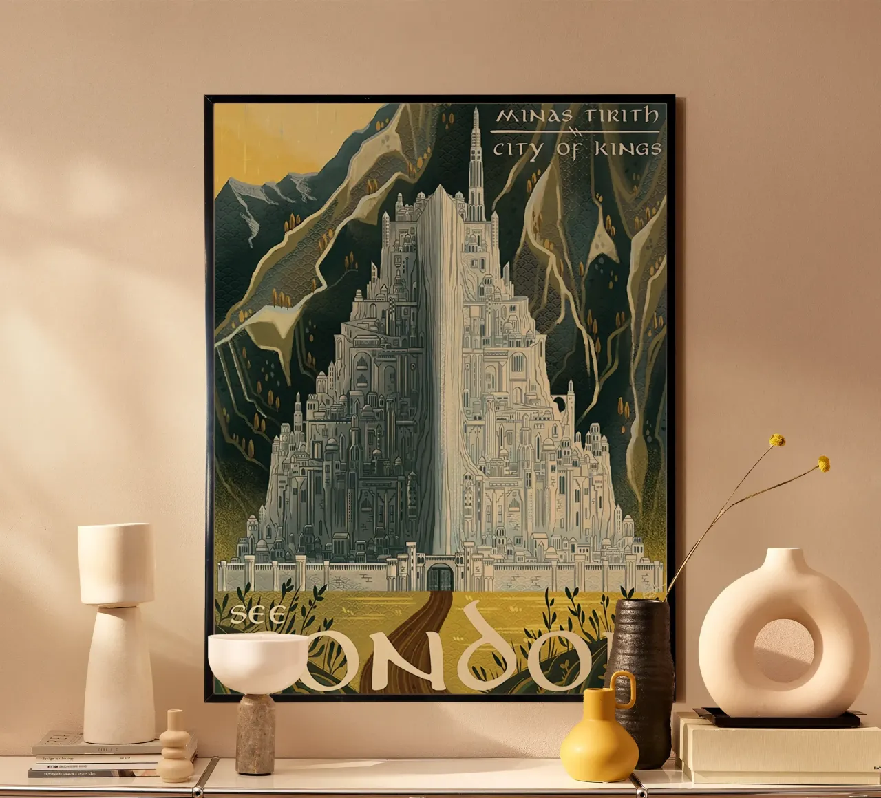 Vedi Gondor, Minas Tirith Città dei Re poster con telaio in legno da Junkie Movie