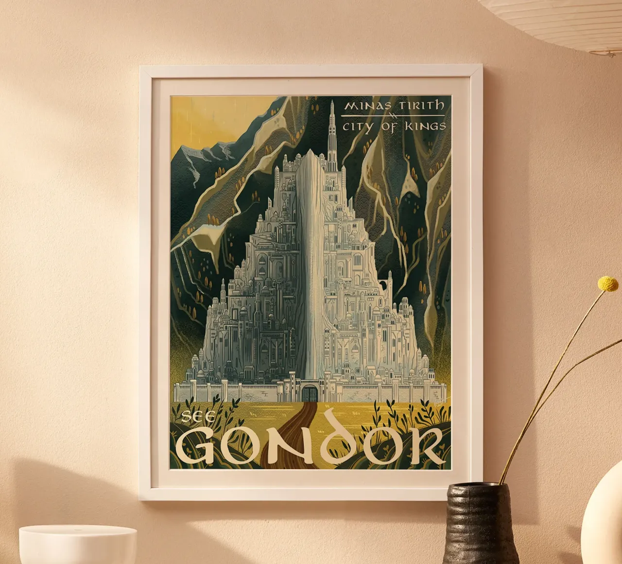 Vedi Gondor, Minas Tirith Città dei Re poster con telaio in legno da Junkie Movie