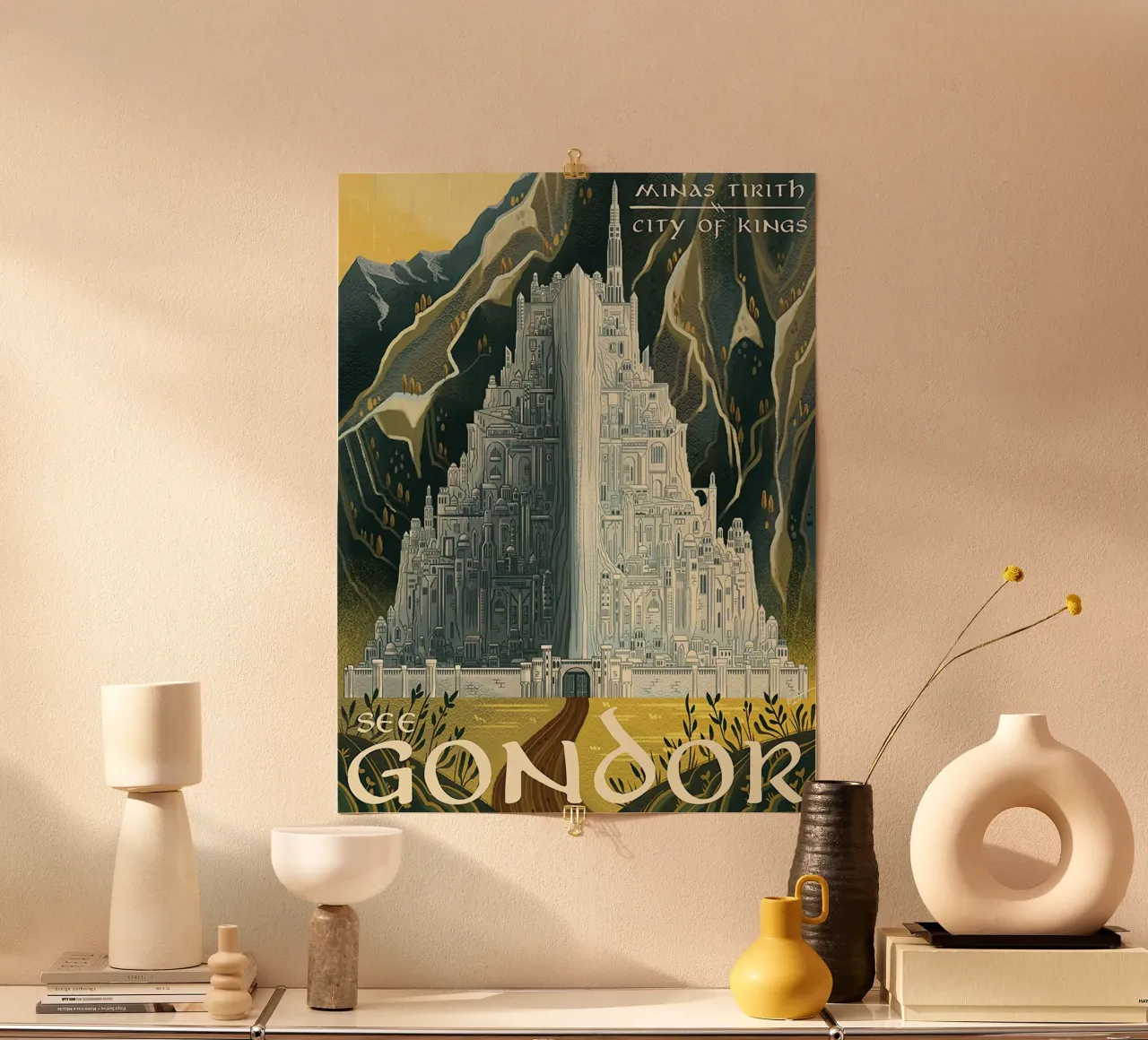 Vedi Gondor, Minas Tirith Città dei Re poster con telaio in legno da Junkie Movie