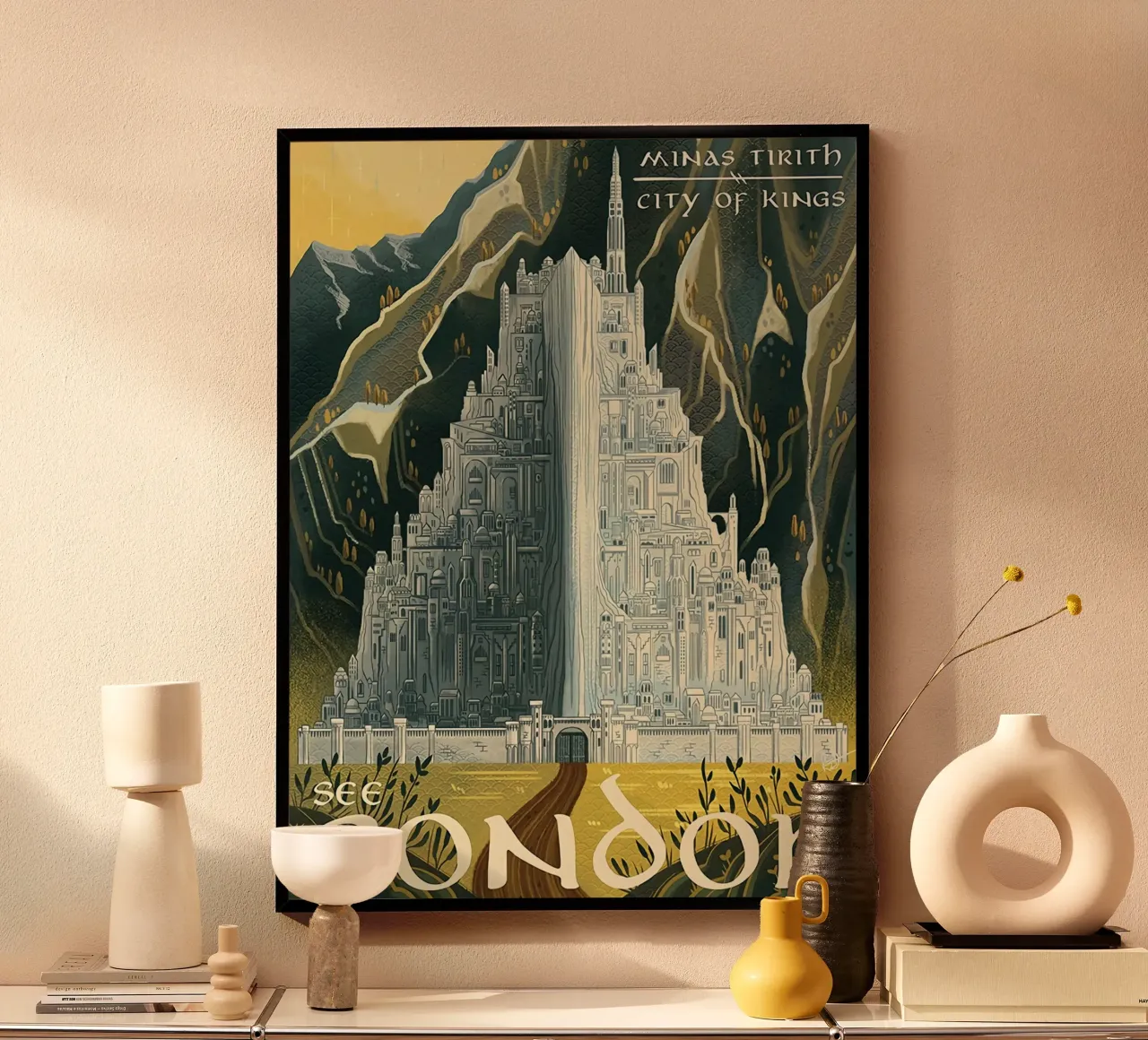 Vedi Gondor, Minas Tirith Città dei Re poster con telaio in legno da Junkie Movie