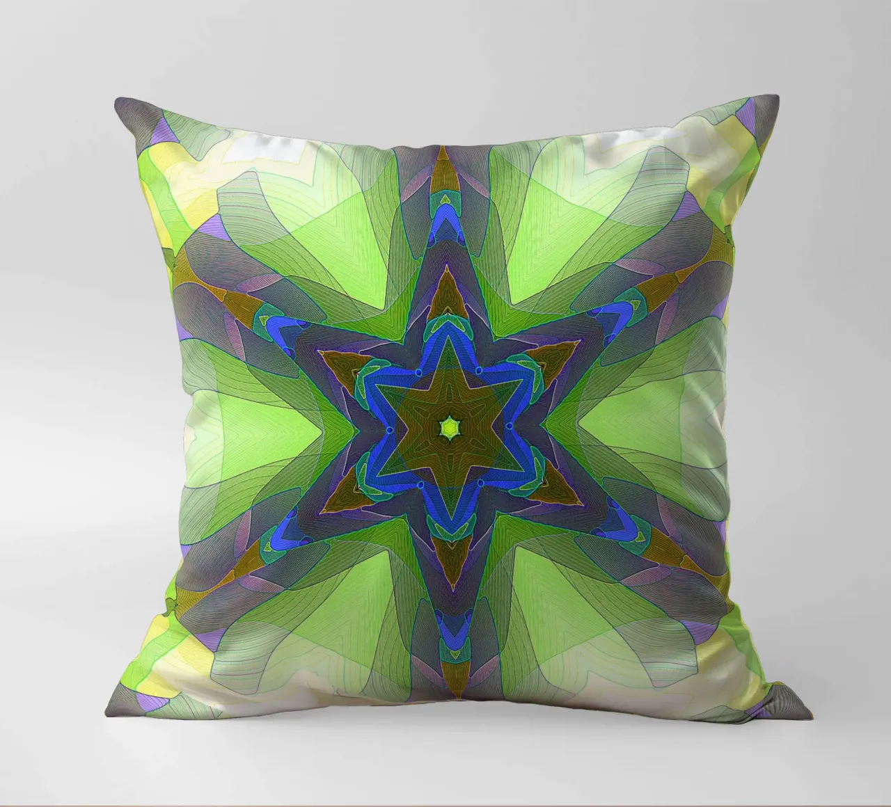 Kaléidoscope avec formes décorées dans les tons vert-jaune-bleu coussin de Gürsel Yesil Digital Art