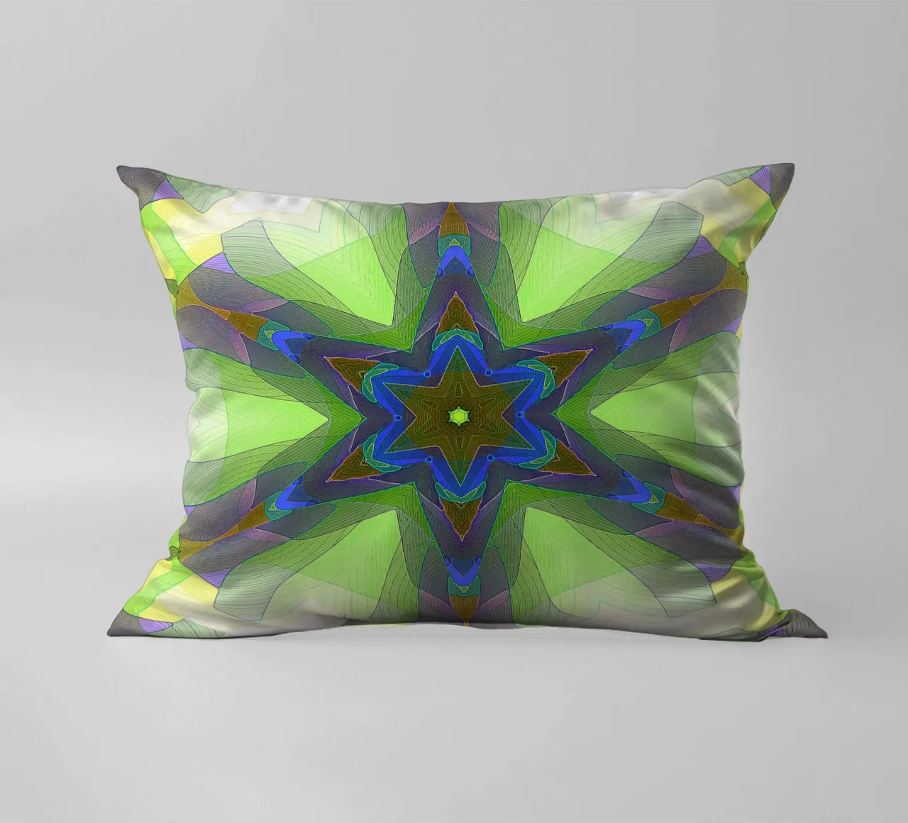 Kaléidoscope avec formes décorées dans les tons vert-jaune-bleu coussin de Gürsel Yesil Digital Art