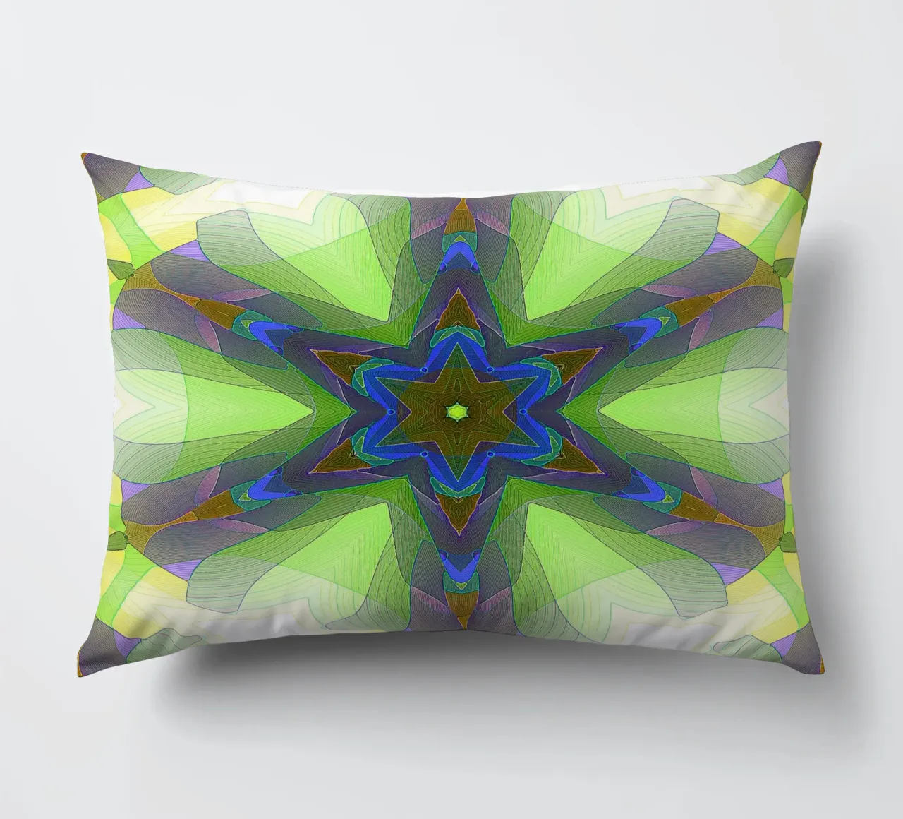 Kaléidoscope avec formes décorées dans les tons vert-jaune-bleu coussin de Gürsel Yesil Digital Art