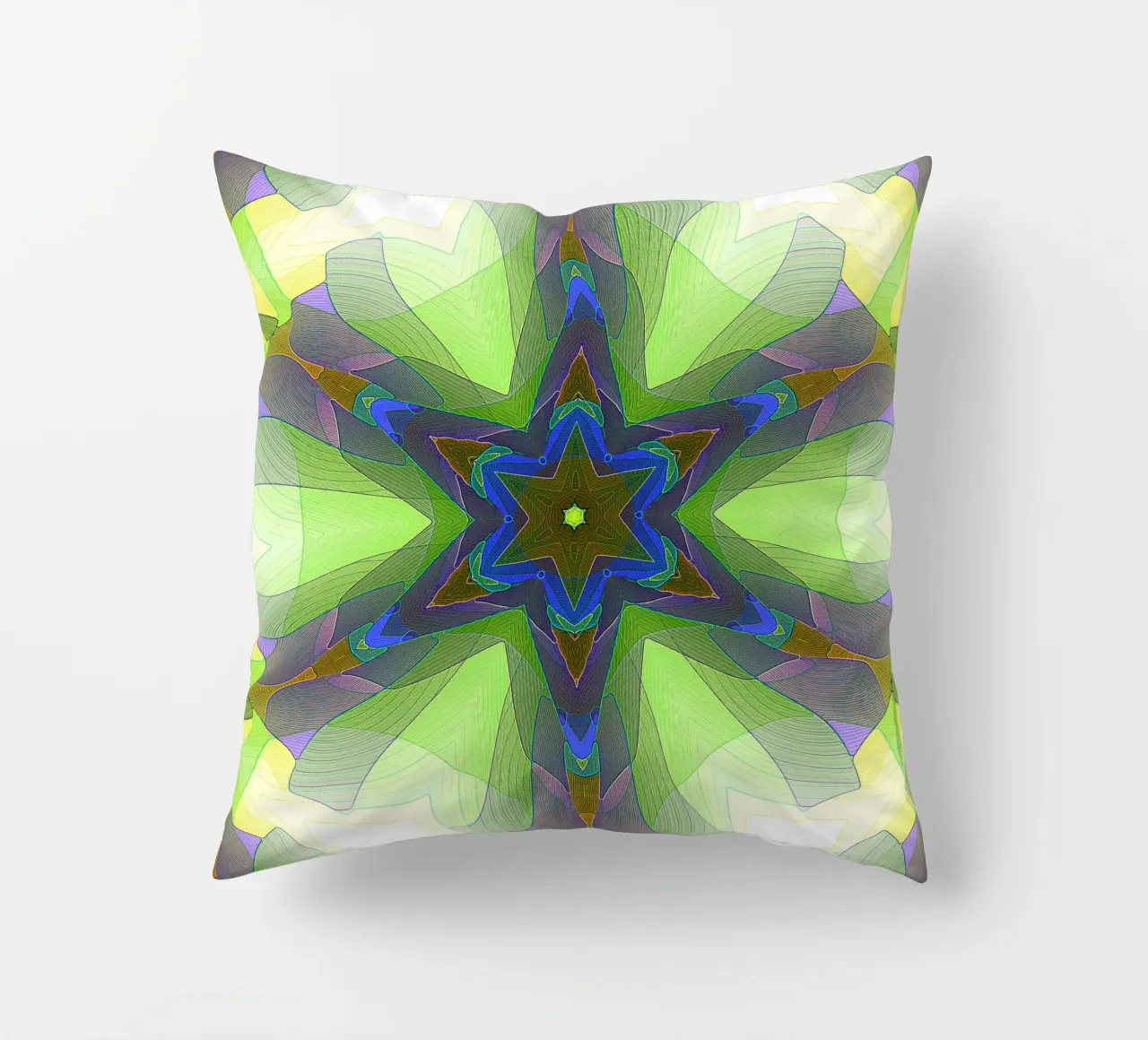 Kaléidoscope avec formes décorées dans les tons vert-jaune-bleu coussin de Gürsel Yesil Digital Art