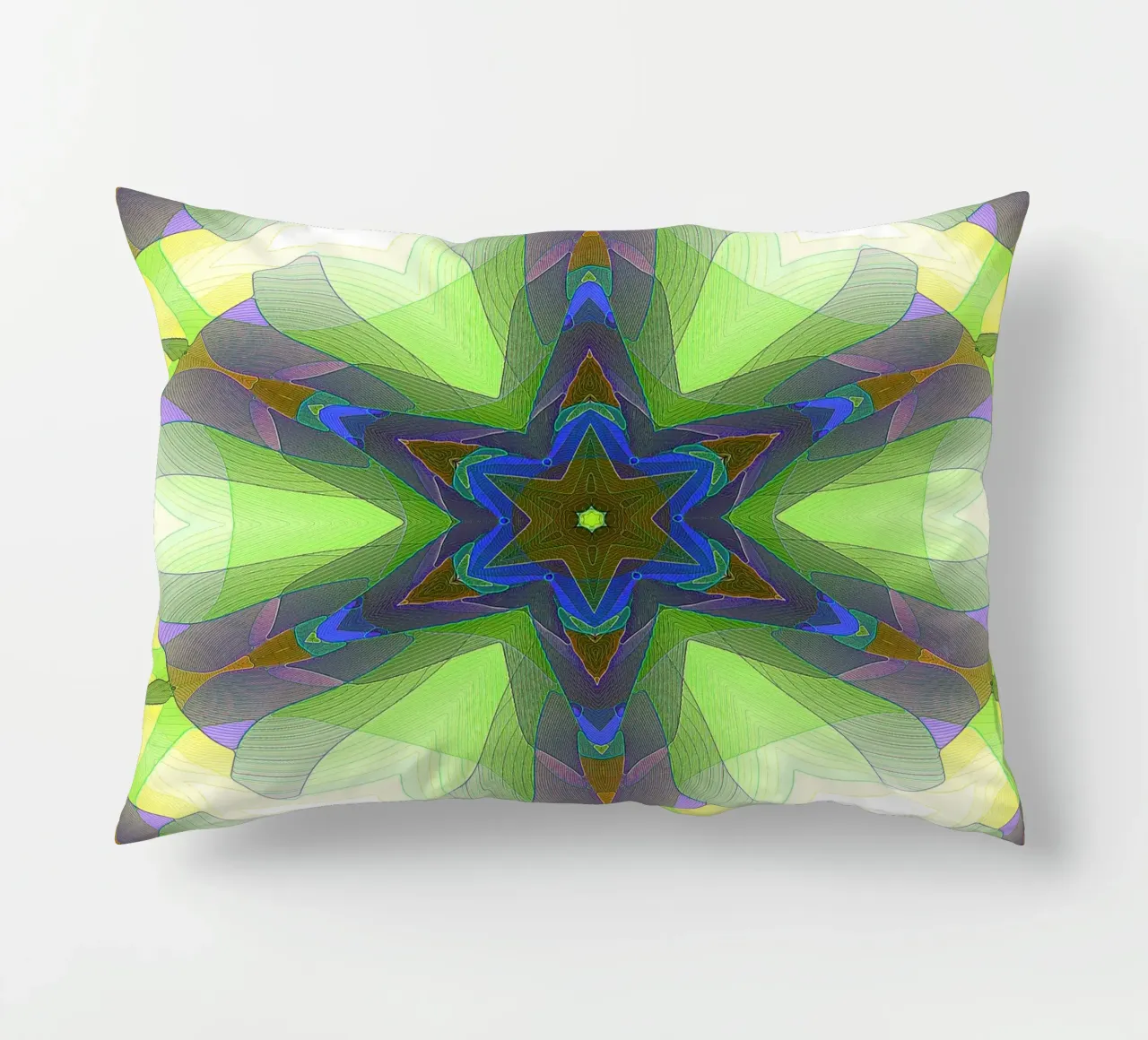 Kaléidoscope avec formes décorées dans les tons vert-jaune-bleu coussin de Gürsel Yesil Digital Art