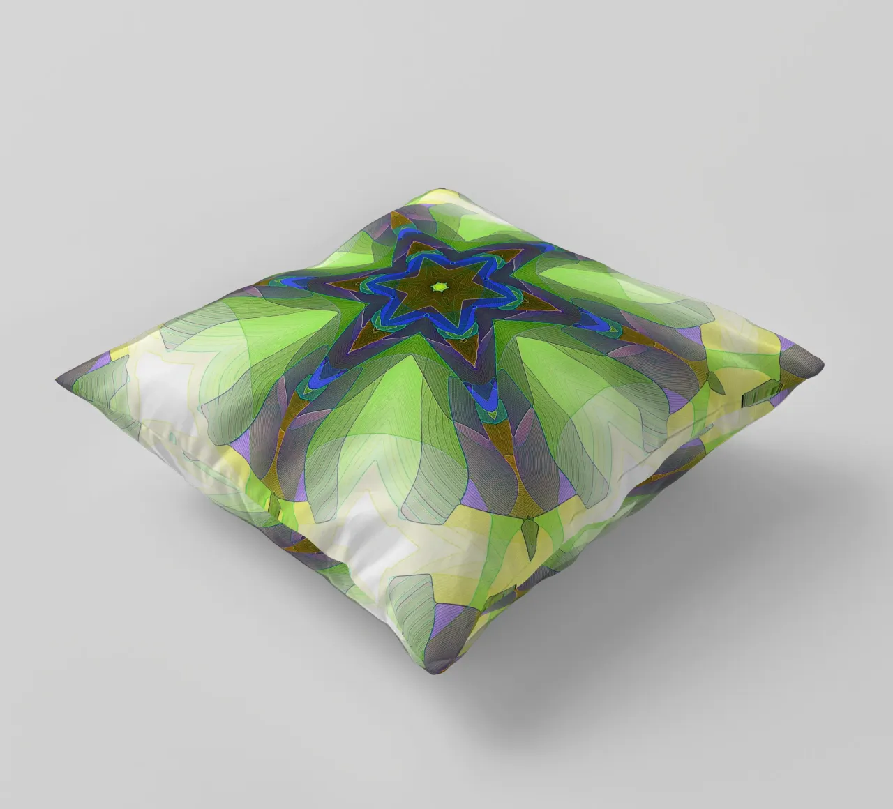Kaléidoscope avec formes décorées dans les tons vert-jaune-bleu coussin de Gürsel Yesil Digital Art