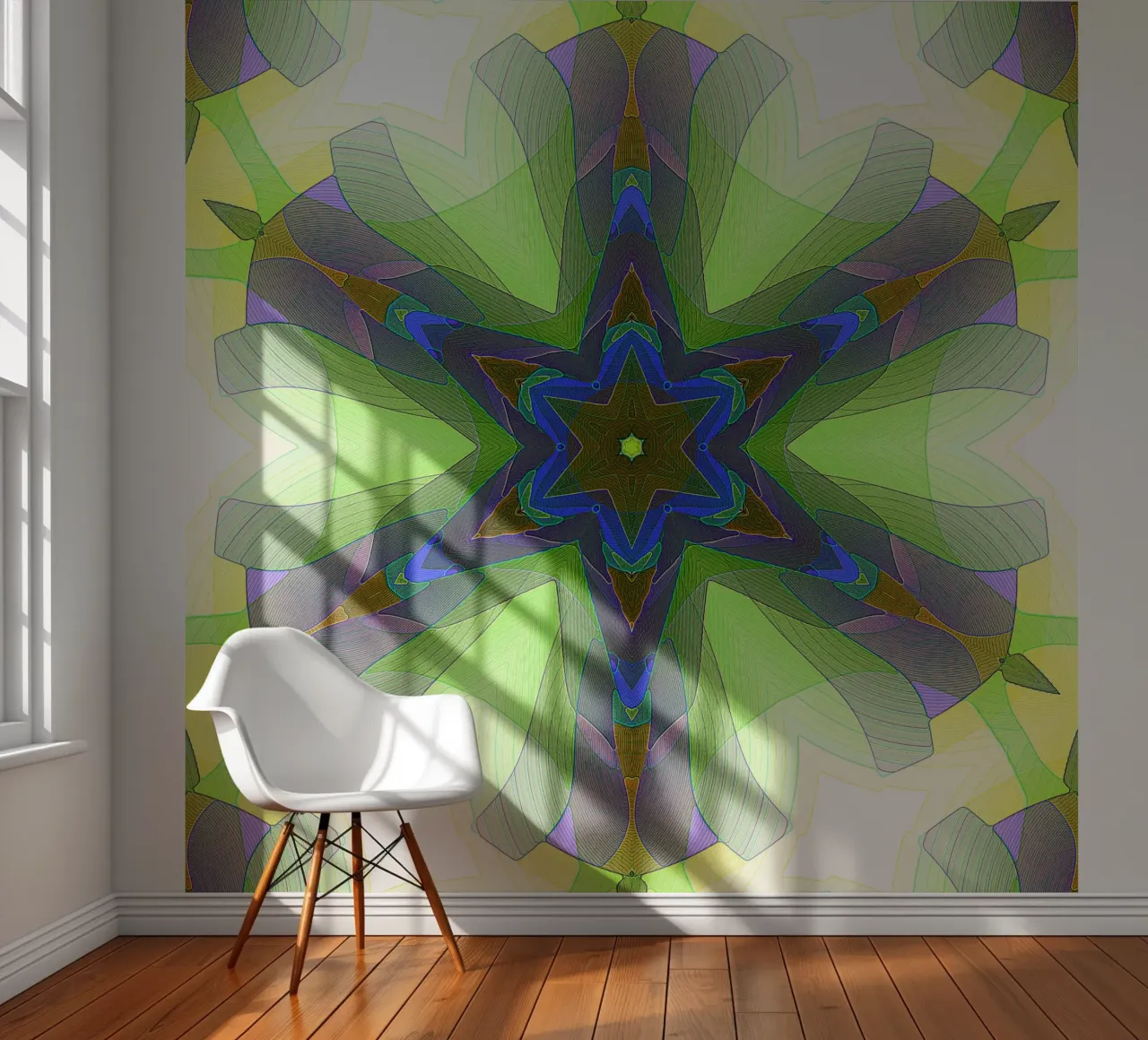 Kaléidoscope avec formes décorées dans les tons vert-jaune-bleu papier peint photo de Gürsel Yesil Digital Art