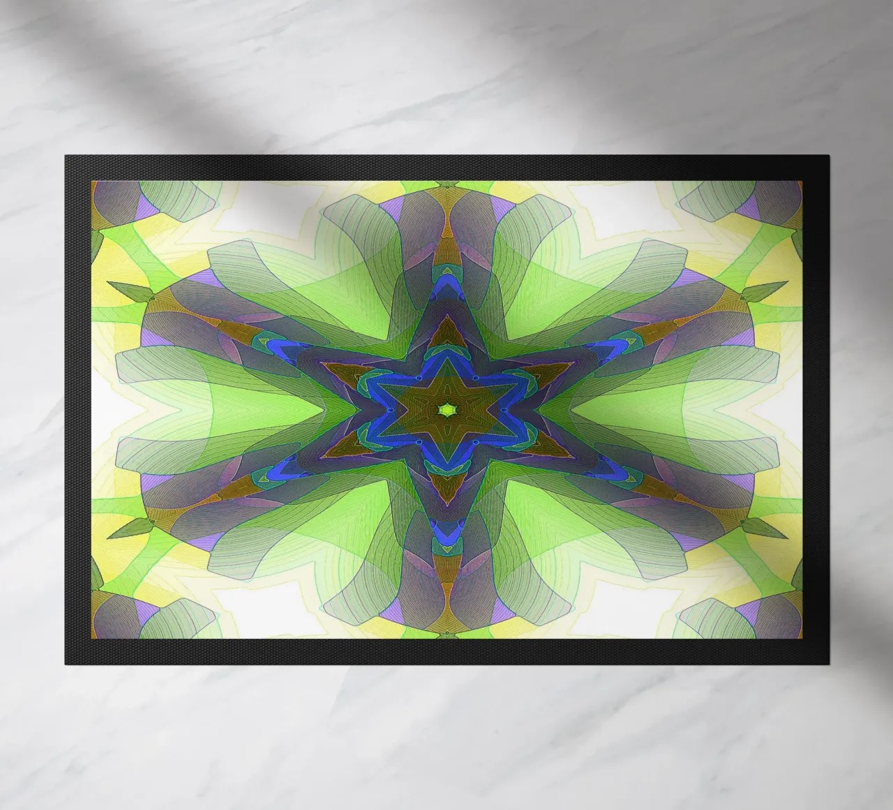 Kaléidoscope avec formes décorées dans les tons vert-jaune-bleu paillasson de Gürsel Yesil Digital Art