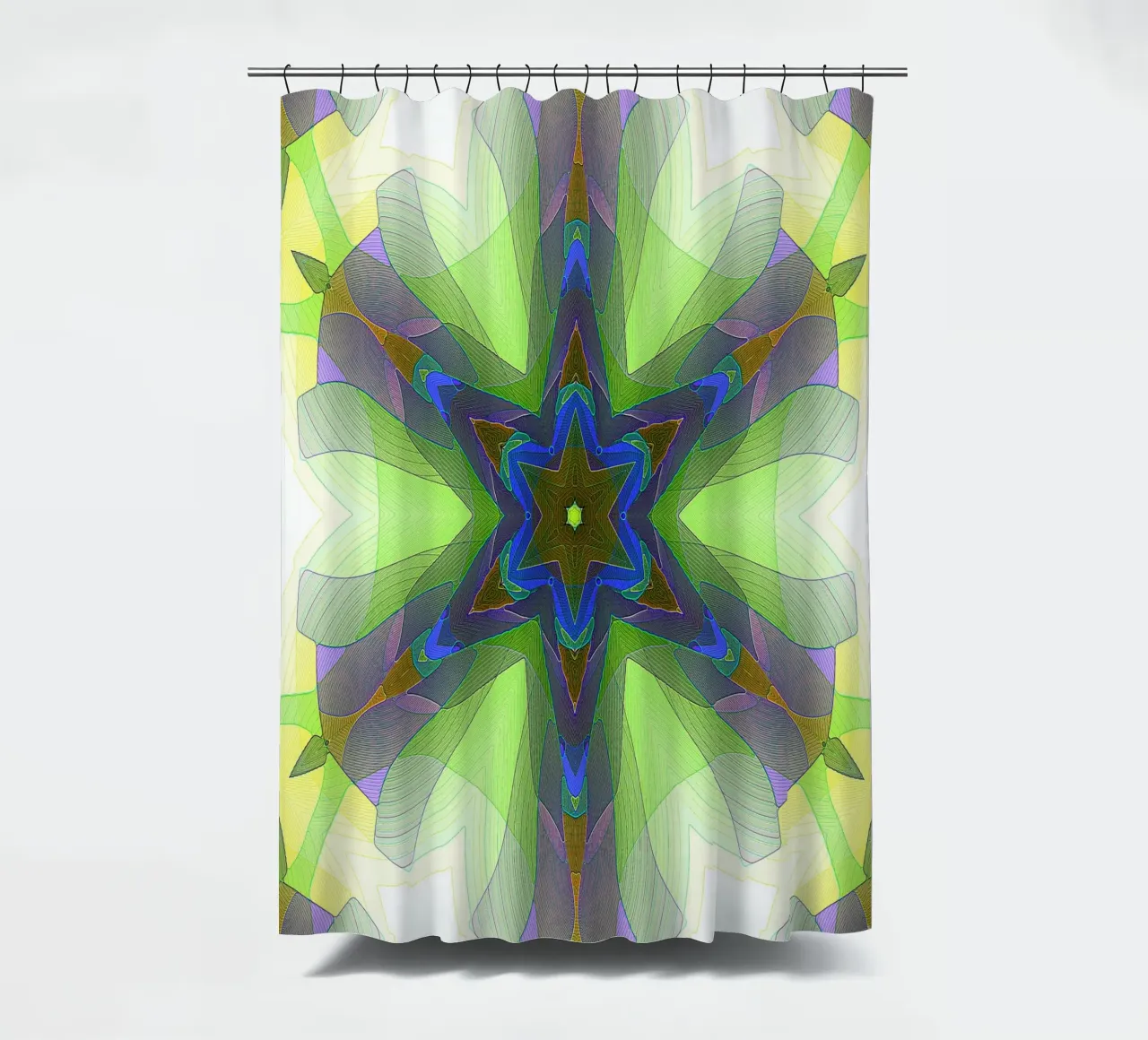 Kaléidoscope avec formes décorées dans les tons vert-jaune-bleu rideau de douche de Gürsel Yesil Digital Art